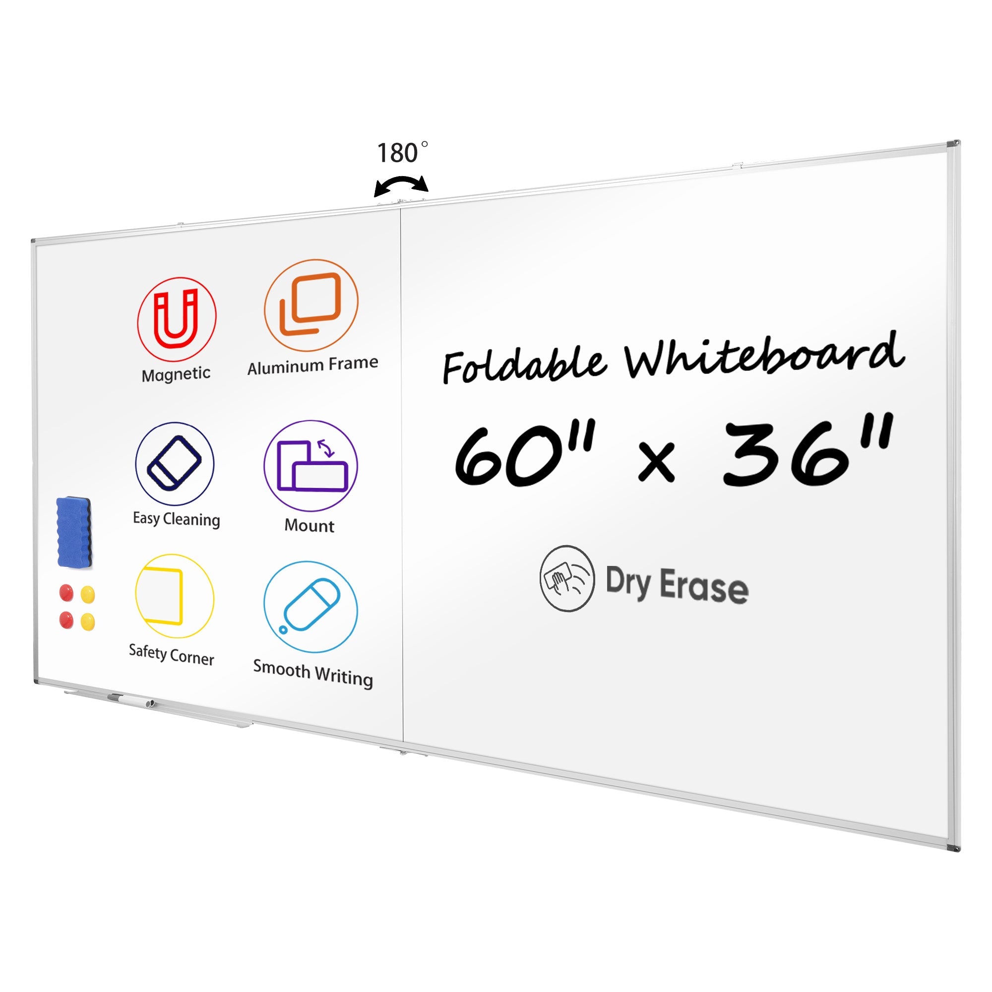 VUSIGN Magnetic Dry Erase Board, 60" x 36" Large Foldable Whiteboard with 4 Markers 1 Pen Tray 4 Magnets for Wall Office school Home