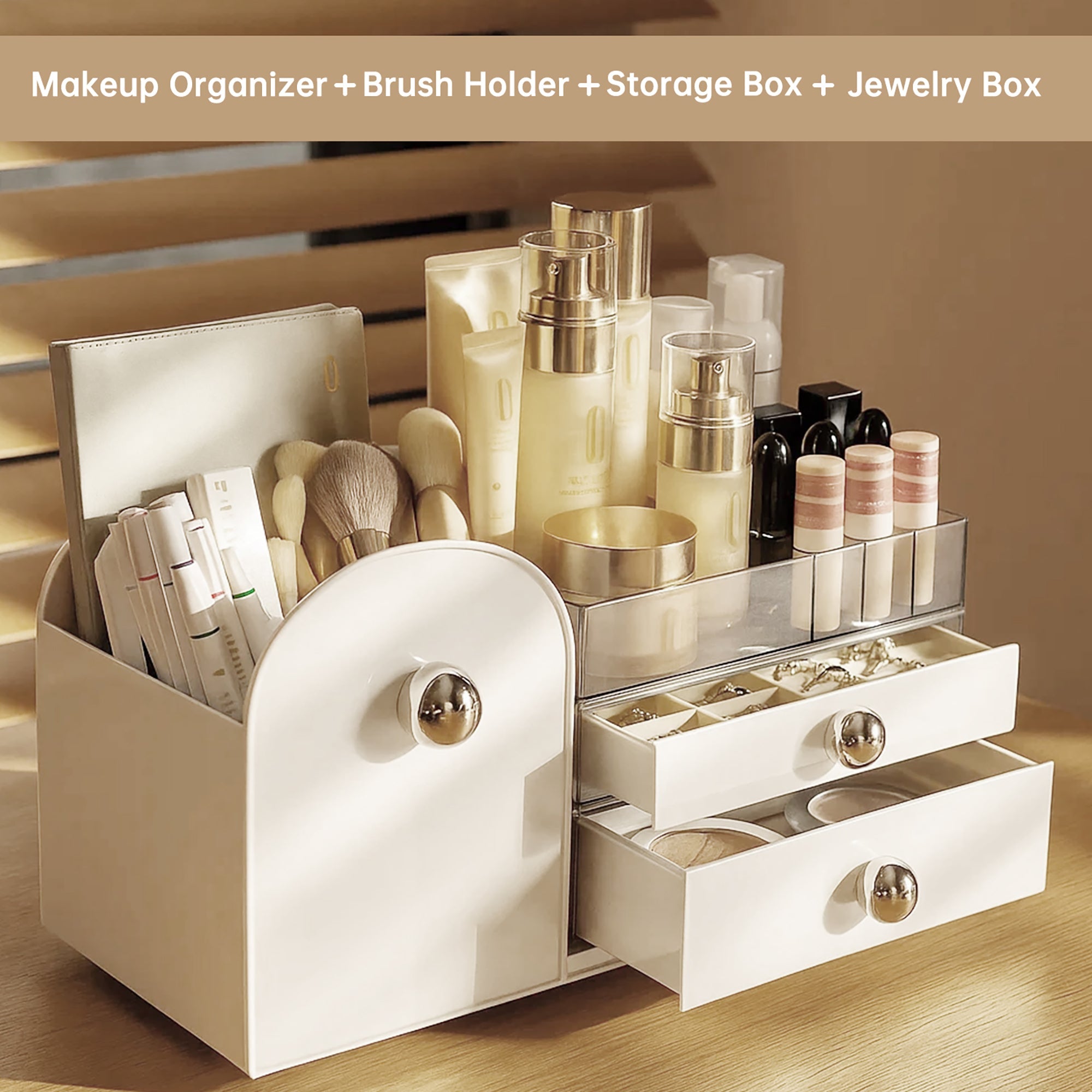 VUSIGN 3-in-1 Makeup Organizer Jewelry Box, Cosmetic Jewelry Storage Desk Pen Organizer, Clear Beauty Holder for Lipstick Brush Skincare, Earring Case with Adjustable Velvet Trays for Ring Necklace