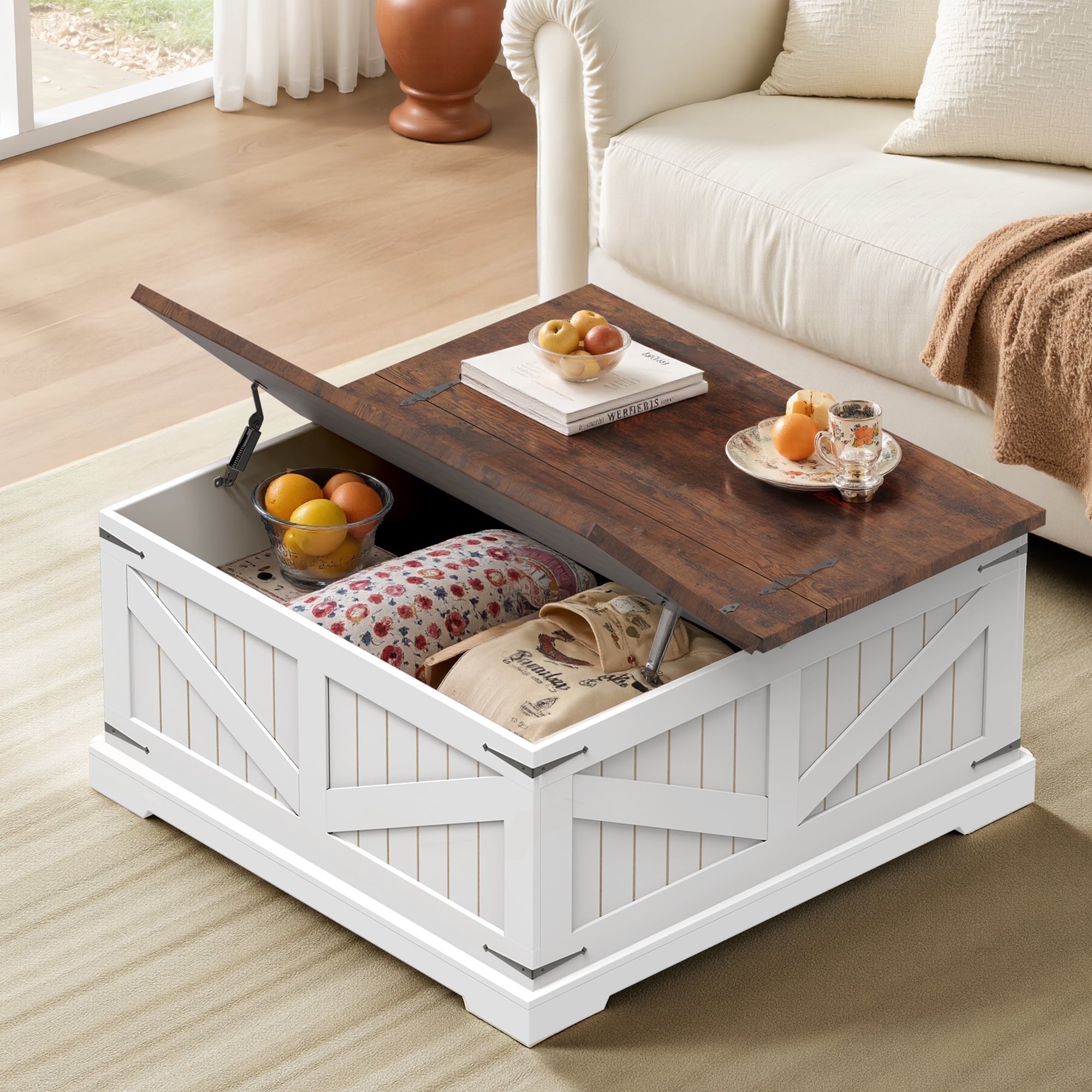 Spanspace Farmhouse Coffee Table with Storage, 35.5" Square Center Table with Dual Flip-Top Lids and Hidden Compartment, Rustic Wood Coffee Table for Living Room, Bedroom, Home Office, White