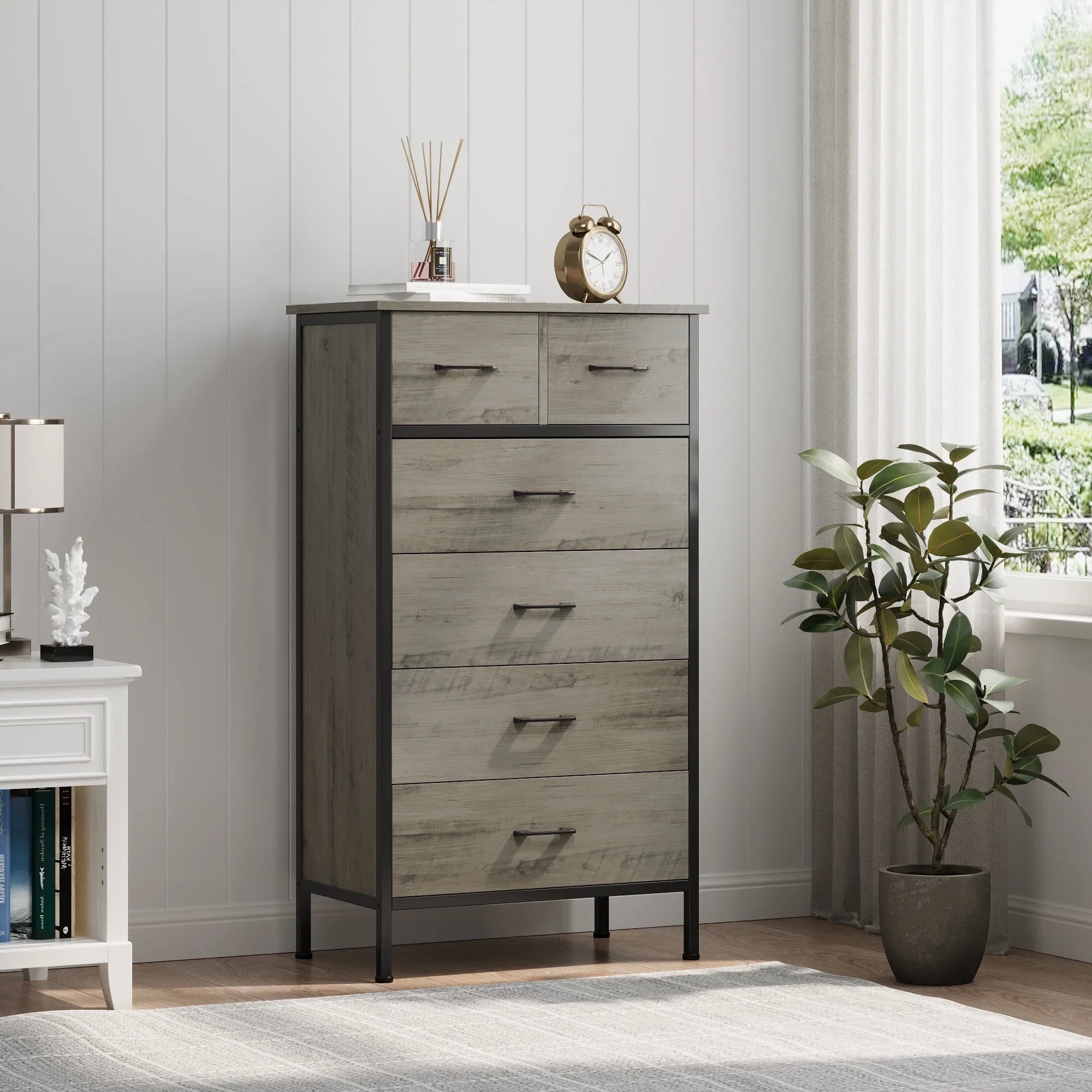 spanspace 6 Drawer Tall Dresser, Chest of Drawer Nightstand with Metal Handles for Bedroom, Grey