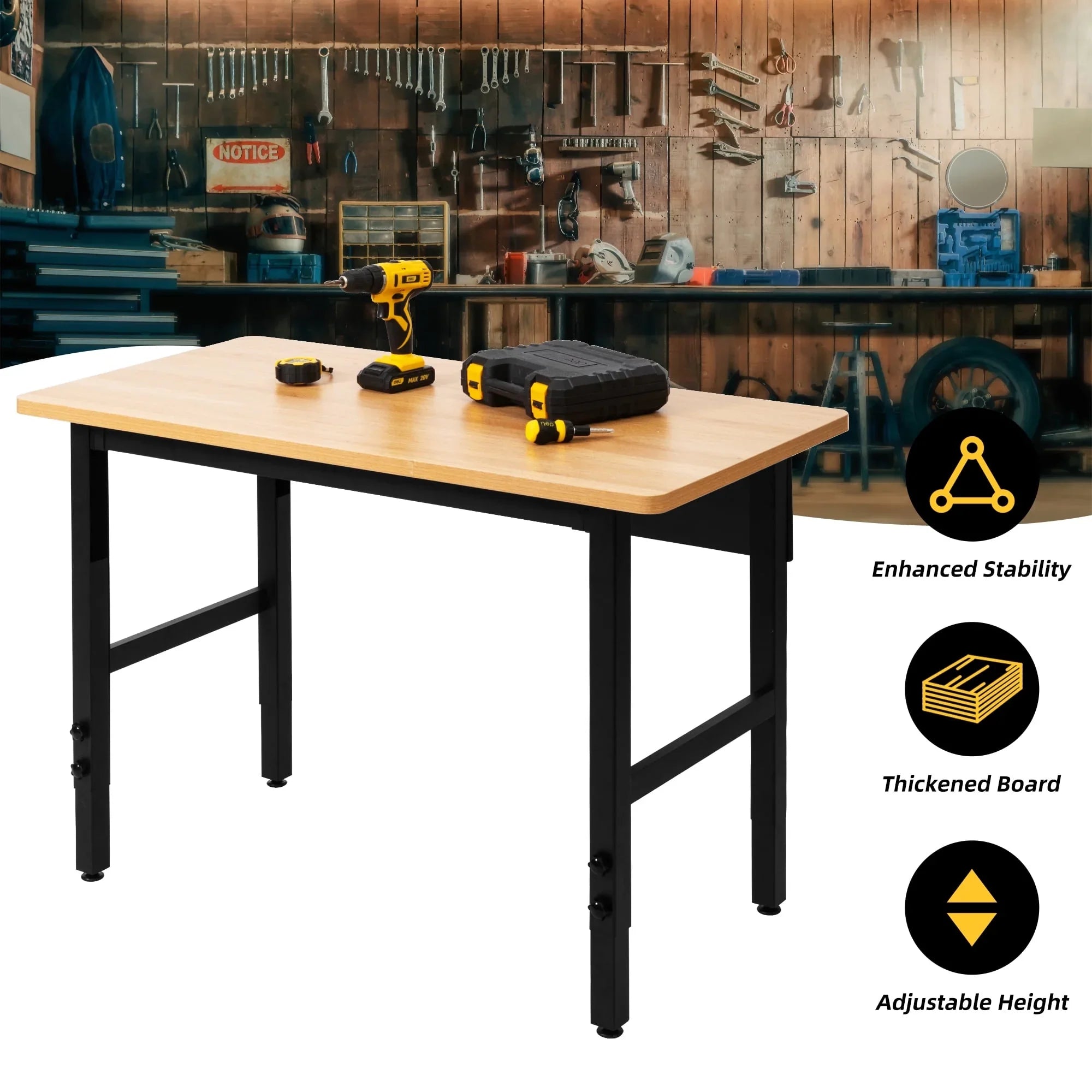 spanspace 48" Heavy-Duty Adjustable Workbench, Multi-Purpose Hardwood Top Worktable with Metal Frame & Foot Pads,2000 lbs Load Capacity