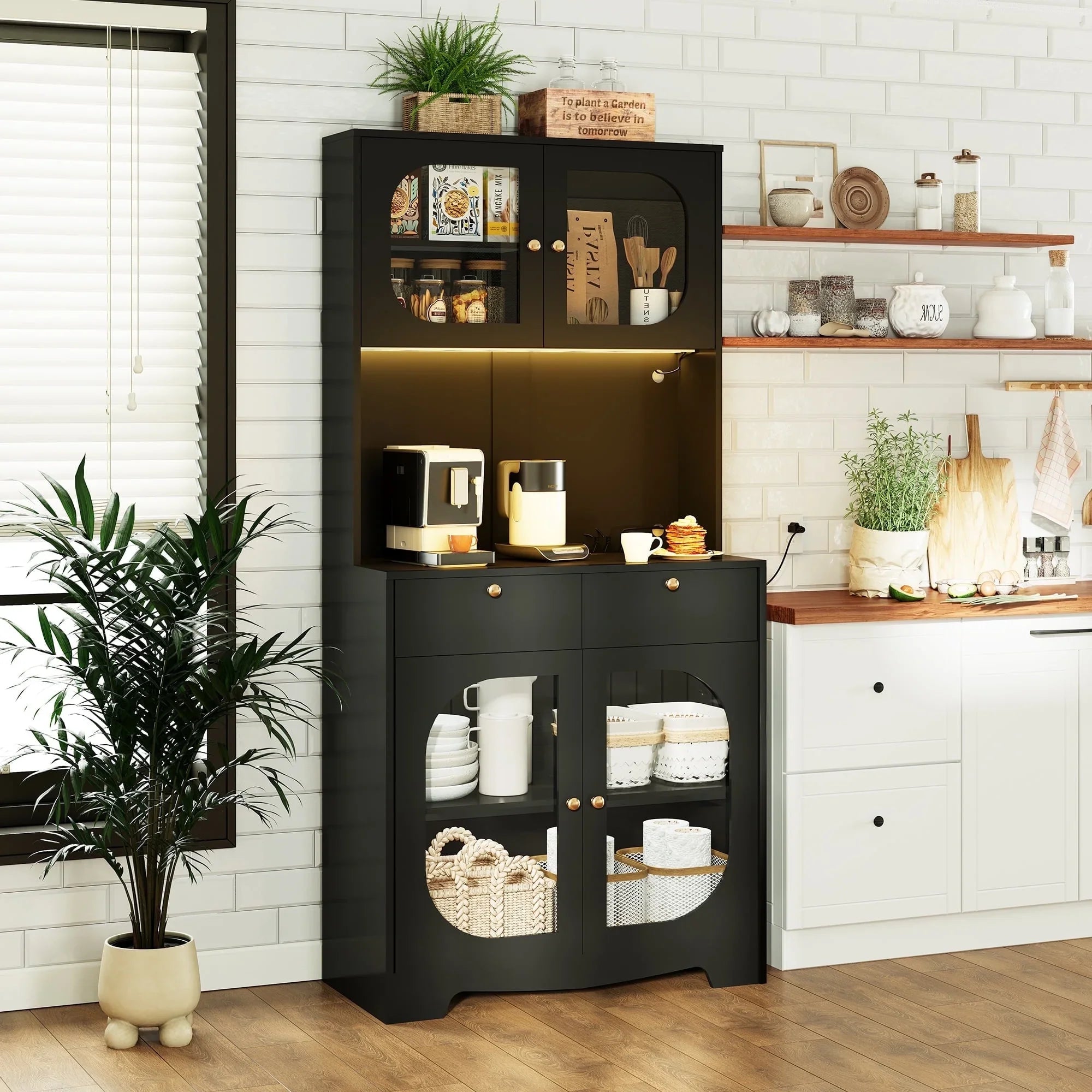 spanspace 70.9" Kitchen Pantry Storage Cabinet with Glass Doors,Tall Storage Cabinet with Power Outlet and LED Light for Dining Room Living Room, Black