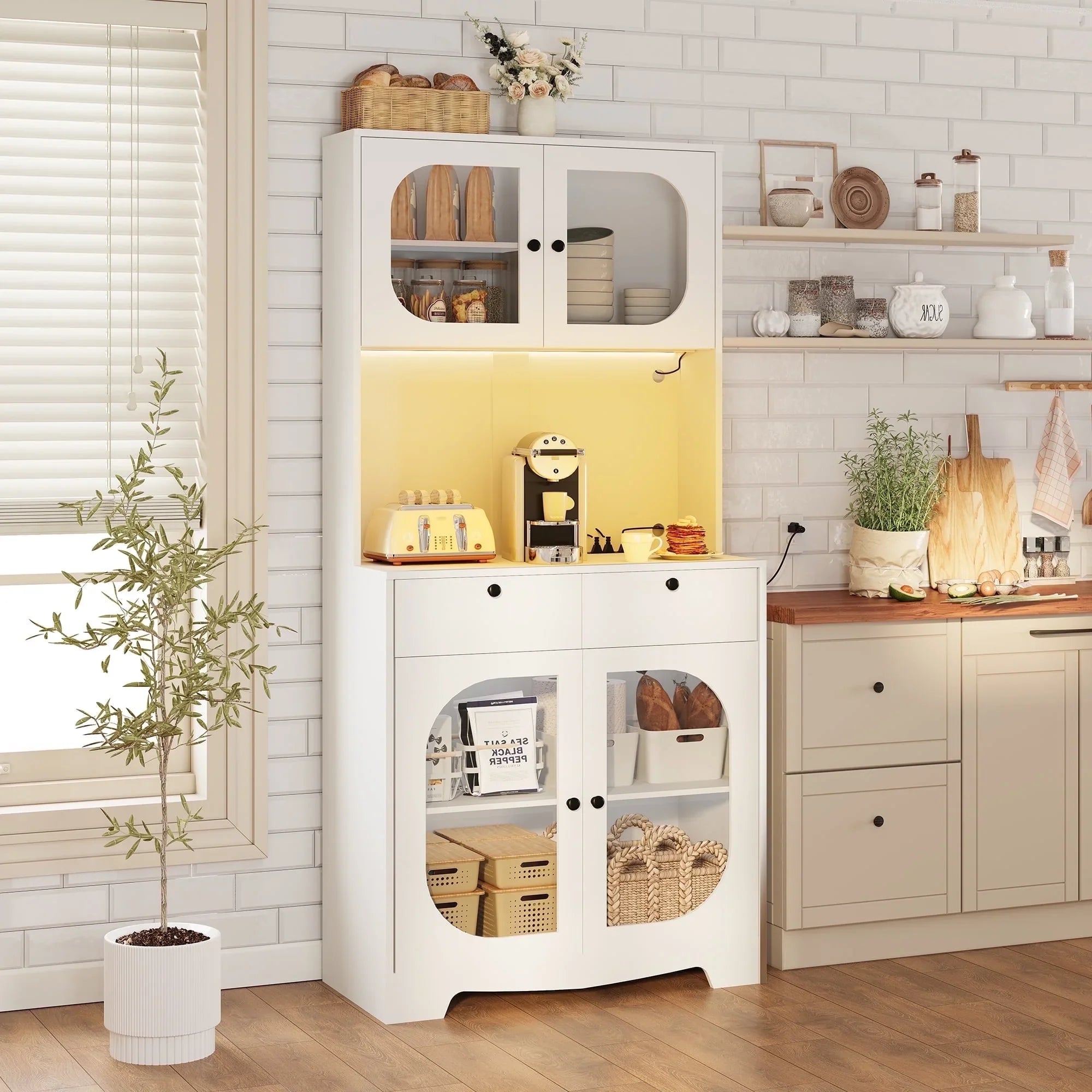 spanspace 70.9" Kitchen Pantry Cabinet with Power Outlet and LED Light, 2 Drawers Buffet Storage Cabinet with Glass Doors and Adjustable Shelves for Dining Room Living Room, White