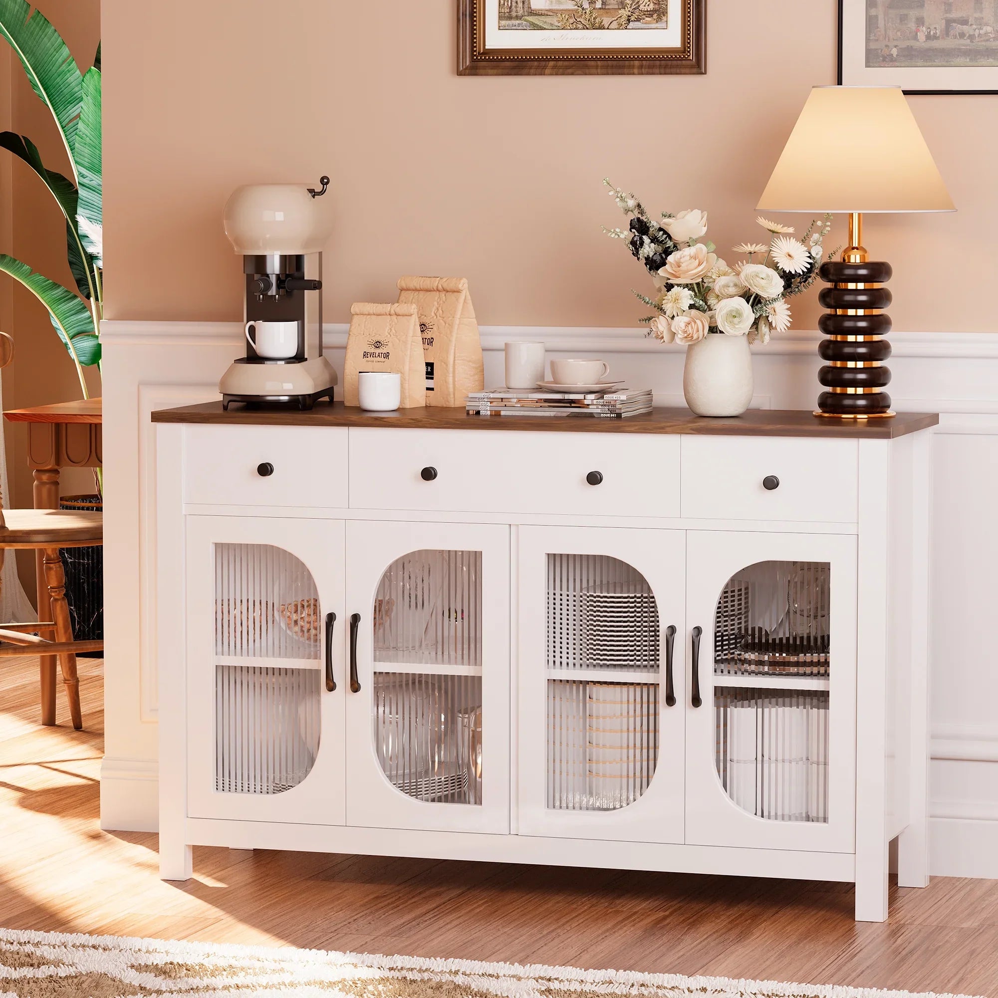 spanspace 55" Large Sideboard Buffet Cabinet with Storage, Buffet Table with 3 Drawers and 4 Glass Doors, Kitchen Buffet Storage Cabinet Coffee Bar Cabinet for Living Room,White