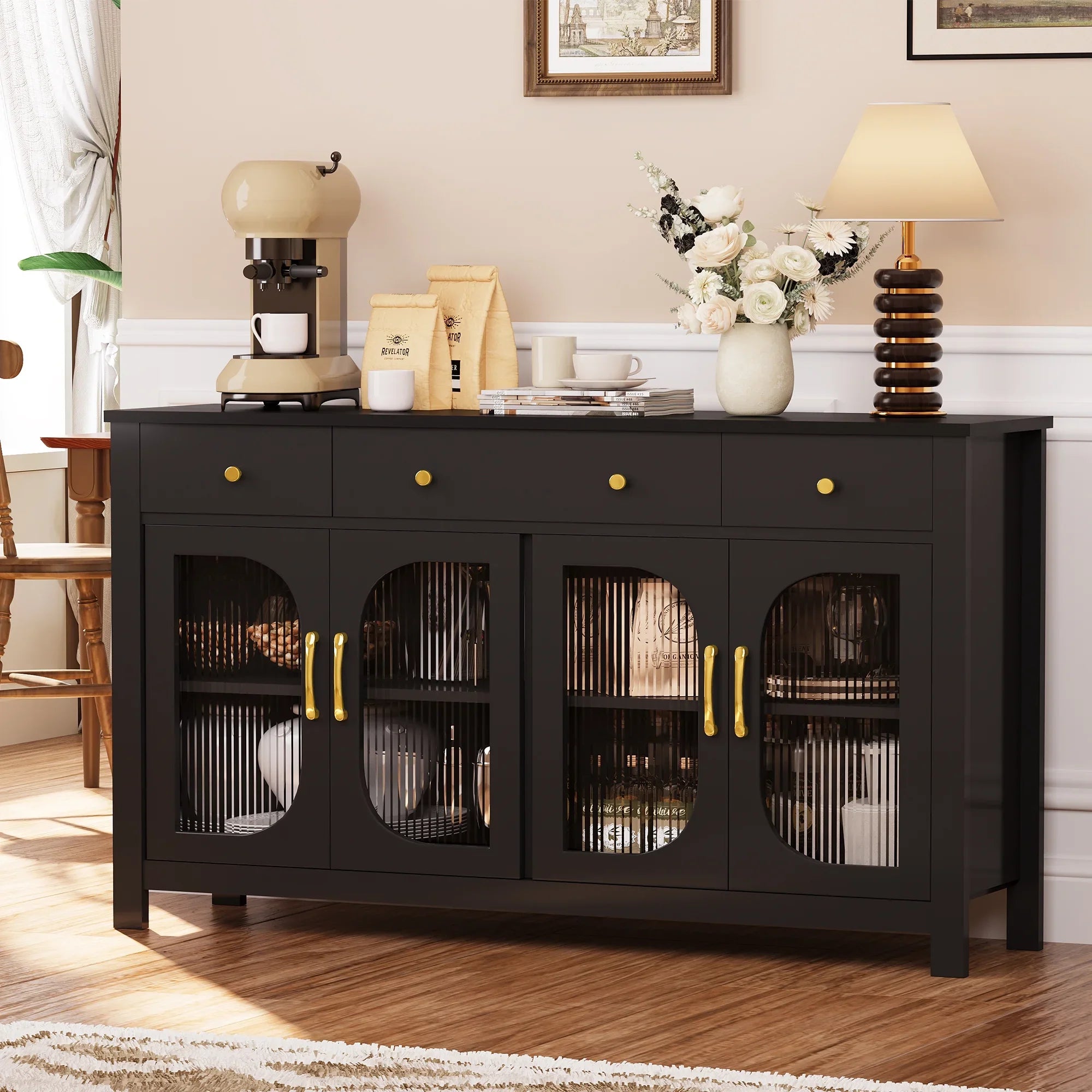spanspace 55" Large Sideboard Buffet Cabinet with Storage,  Kitchen Storage Cabinet with 3 Drawers and 4 Glass Doors, Buffet Table Coffee Bar Cabinet for Dining Room, Living Room,Black