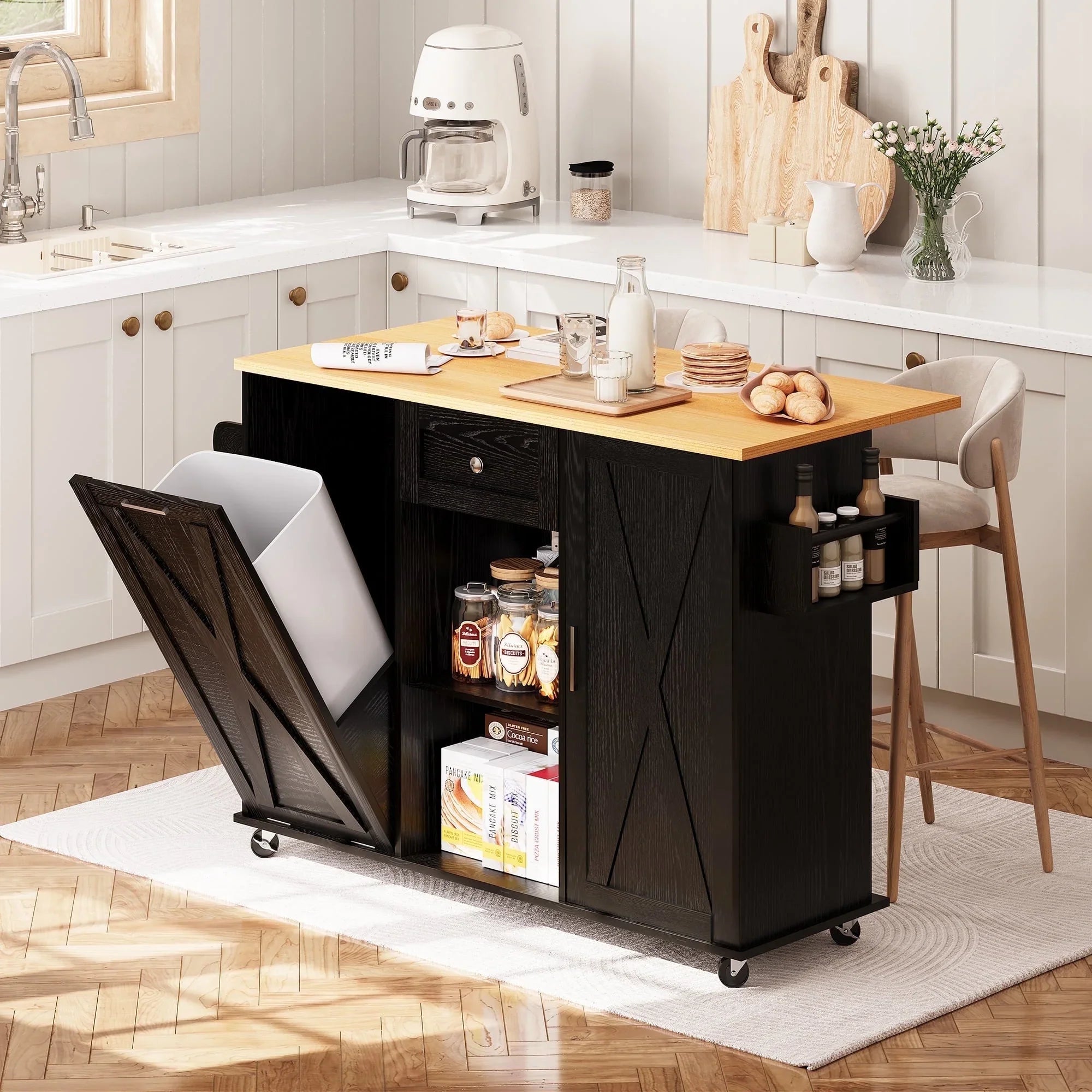 spanspace Kitchen Island Cart with Drop Leaf,Tilt Out Trash Can Cabinet 10 Gallon Storage, Kitchen Island with Wheels, Portable Island Table with Drawer & Adjustable Shelf for Kitchen, Black