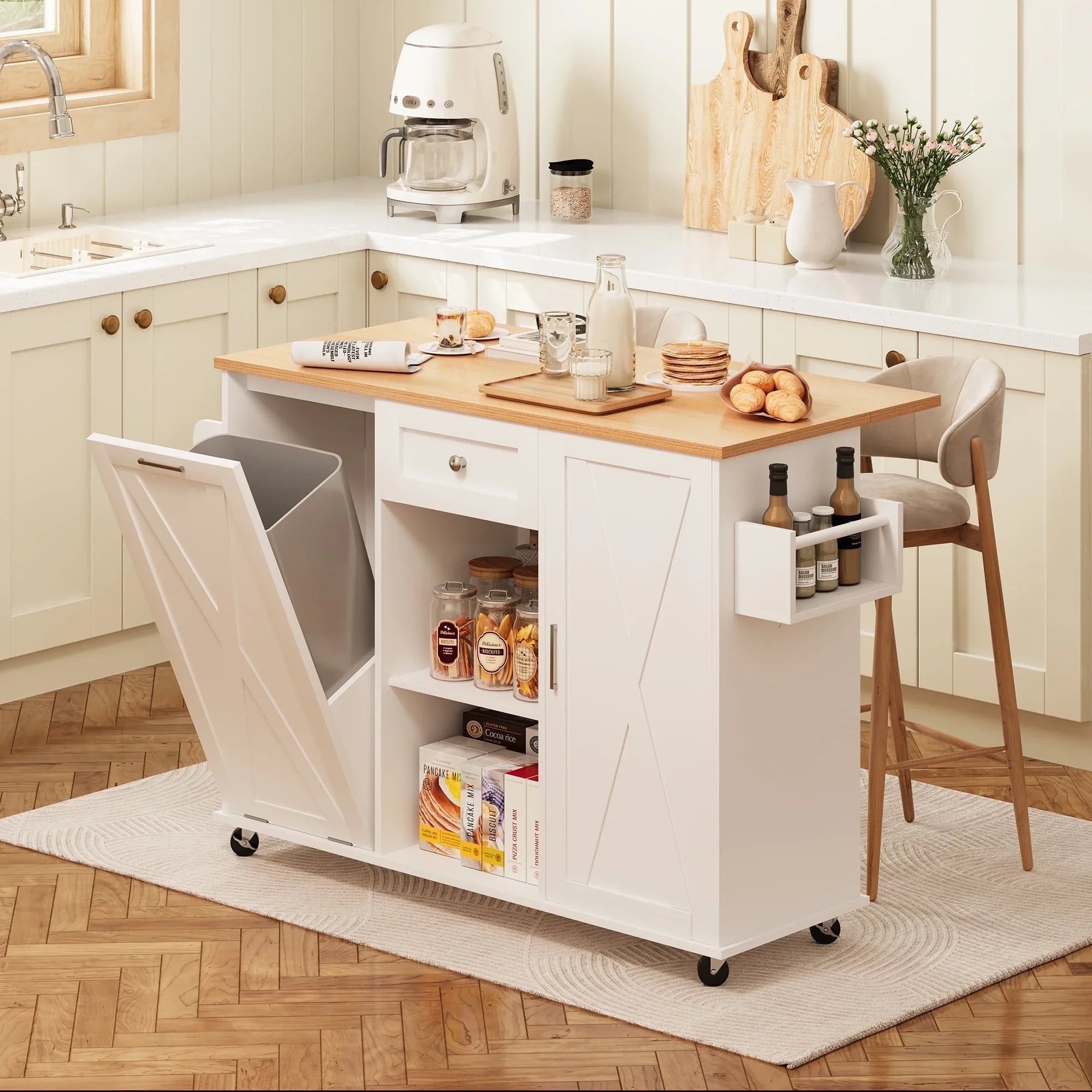 spanspace Rolling Kitchen Island with Drop Leaf,Tilt Out Kitchen Trash Can Cabinet, Portable Kitchen Island Cart with Lockable Wheels & Adjustable Shelves, White
