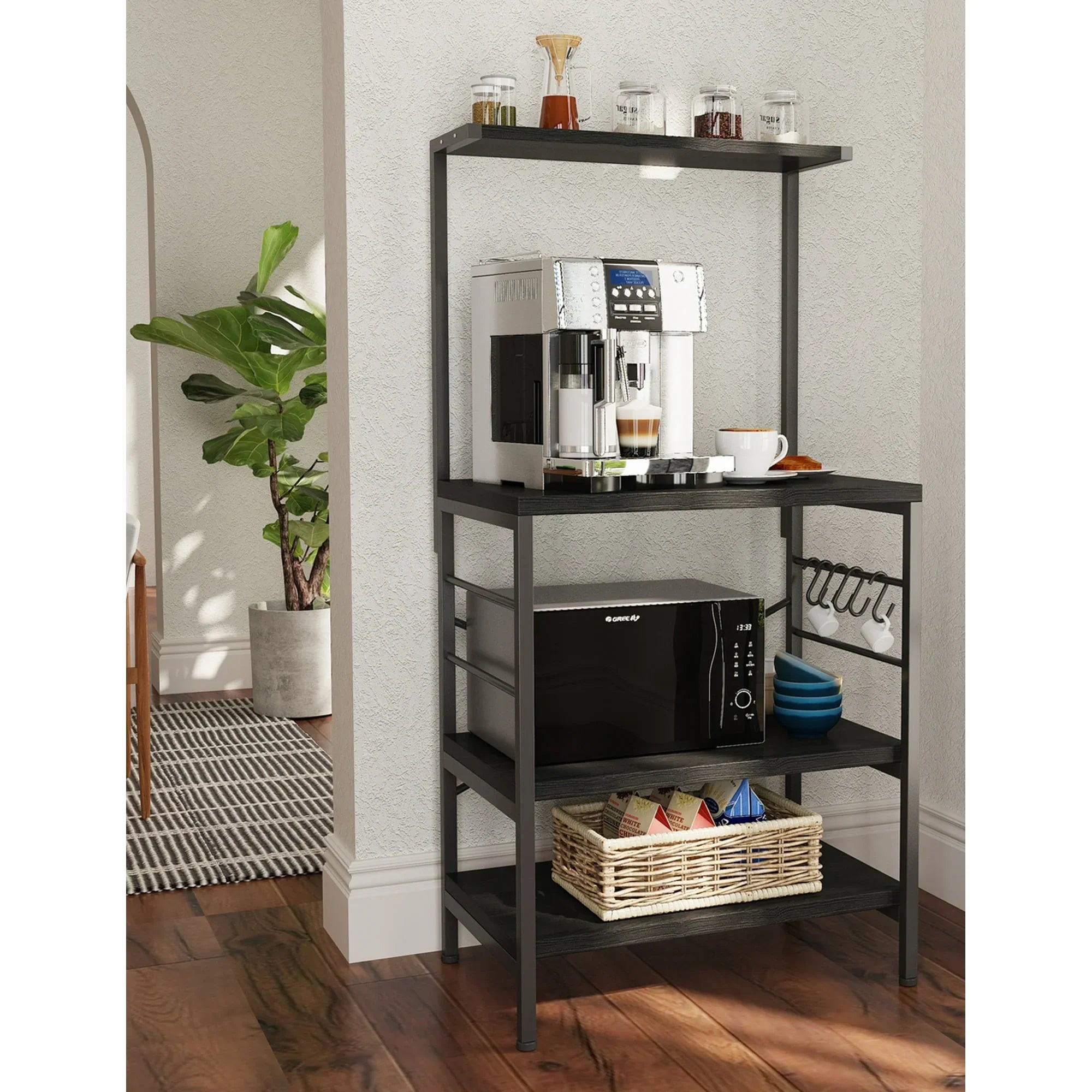 spanspace Industrial Baker's Rack, Microwave Oven Stand, Free Standing Kitchen Island Storage Shelf Organizer,Black Finish