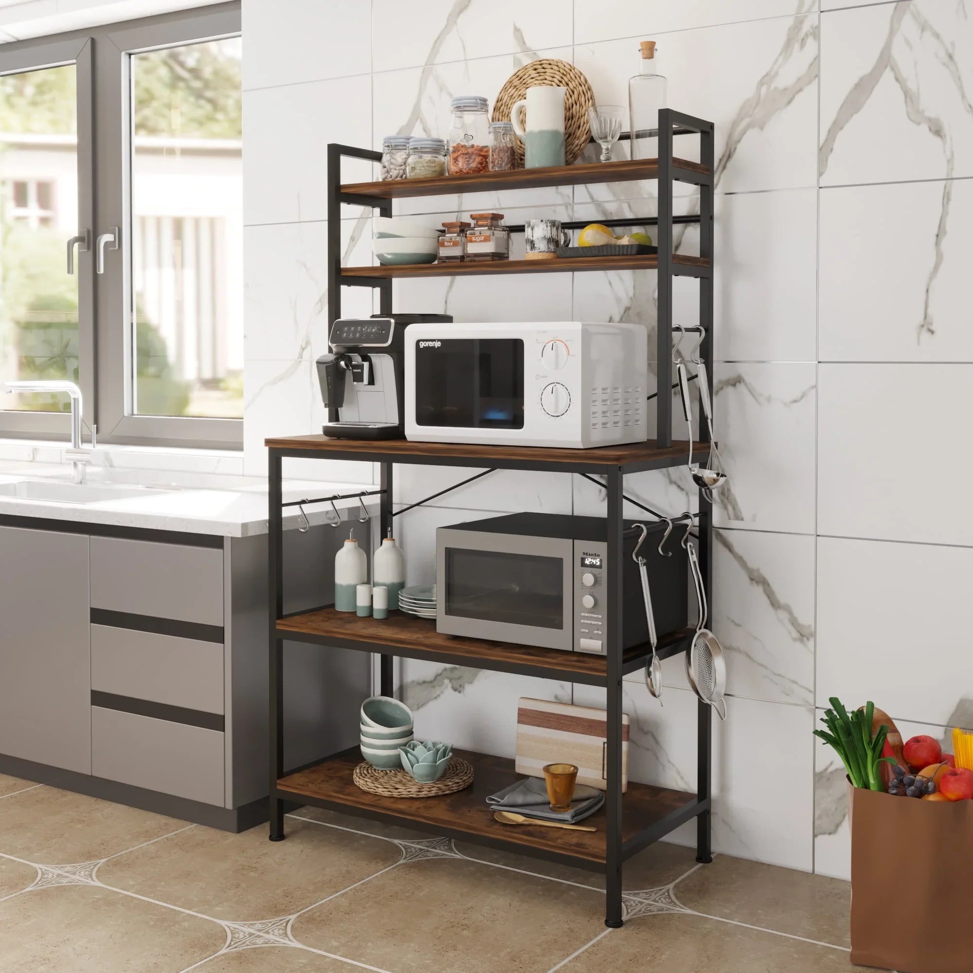 spanspace Industrial Baker's Rack, Microwave Oven Stand, Free Standing Kitchen Island Shelf Organizer,Rustic Brown Finish