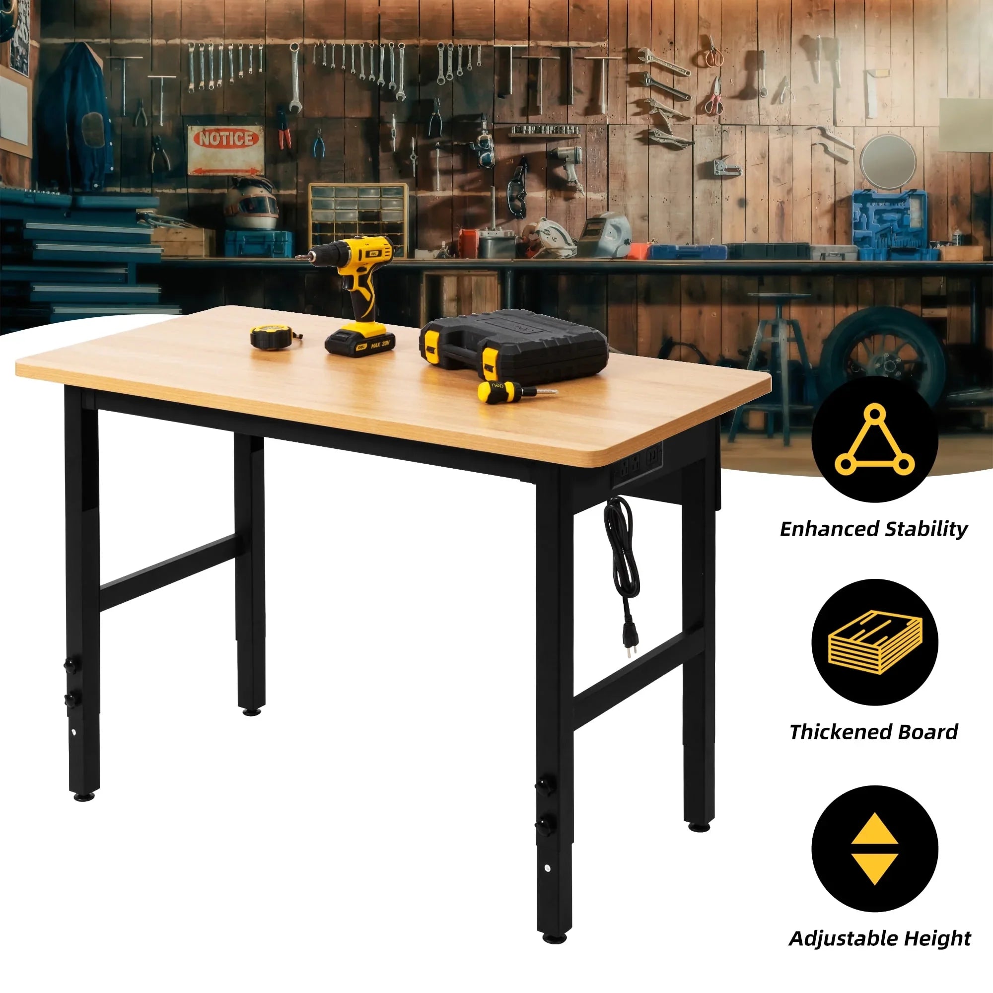 spanspace 48" Adjustable Workbench, 48" L X 24" Hardwood Top Worktable with Power Outlet  & Foot Pads for  Workshop, Office, Garage, Home