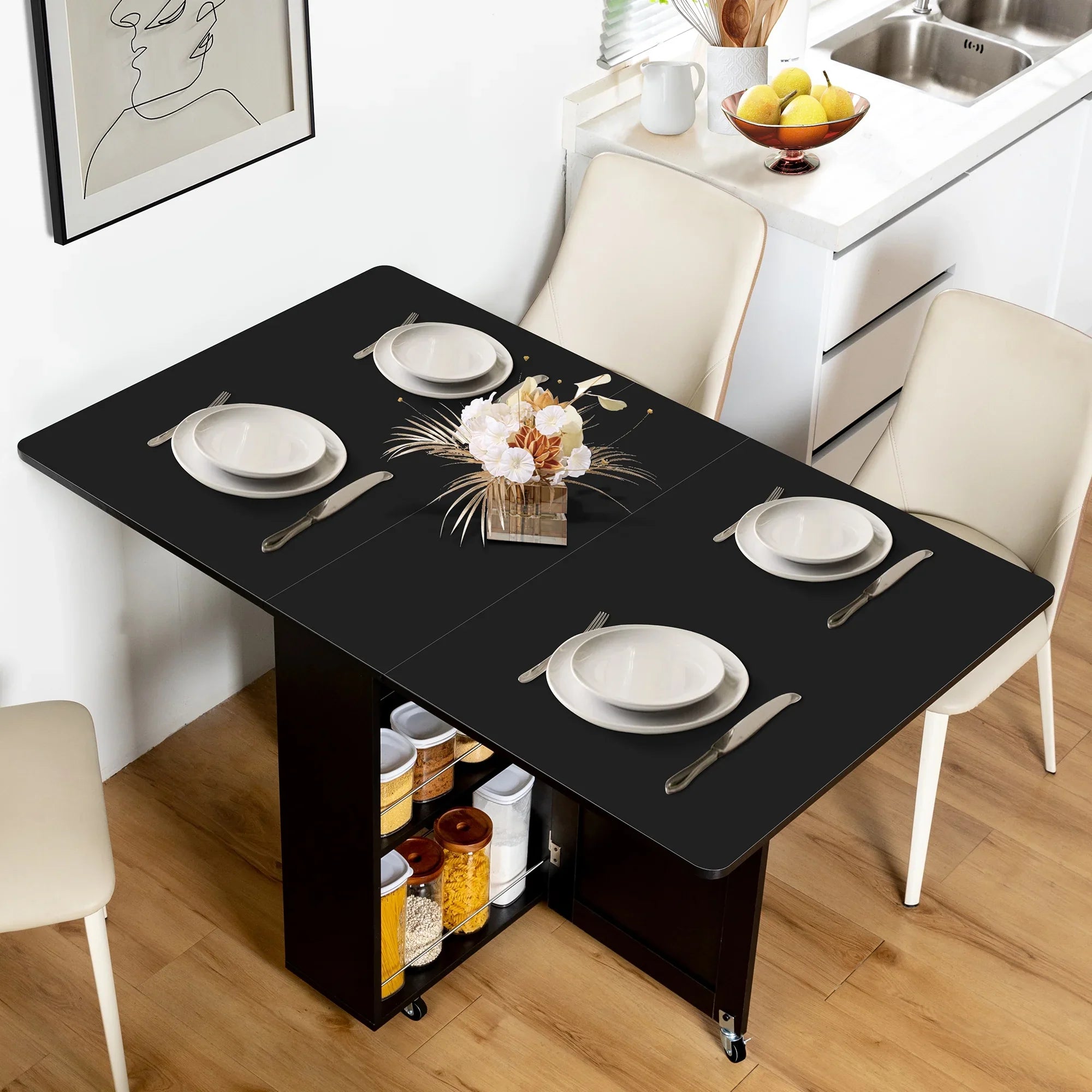 spanspace Folding Dining Table, Drop Leaf Dining Table with 6 Wheels and 2-Layer Storage Shelf, Space Saving Dining Table for Small Spaces,Folding Kitchen Table,Black