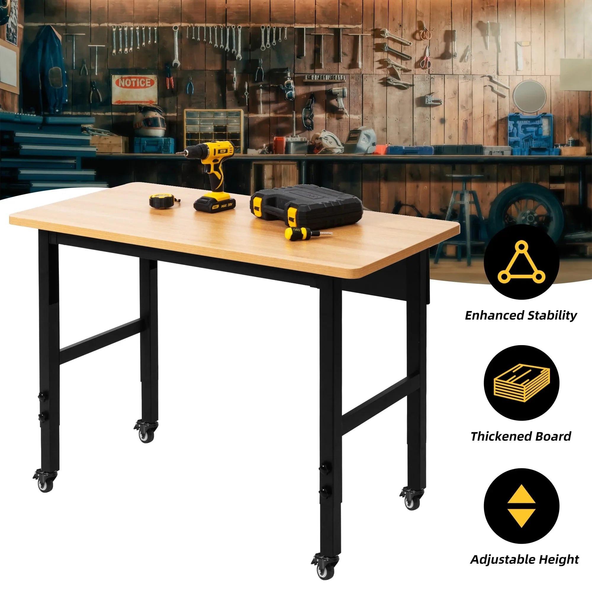 spanspace 48" Adjustable Heavy-Duty Workbench, Hardwood Top Worktable with Locking Universal Wheels & Metal Frame,Workshop Garage Table