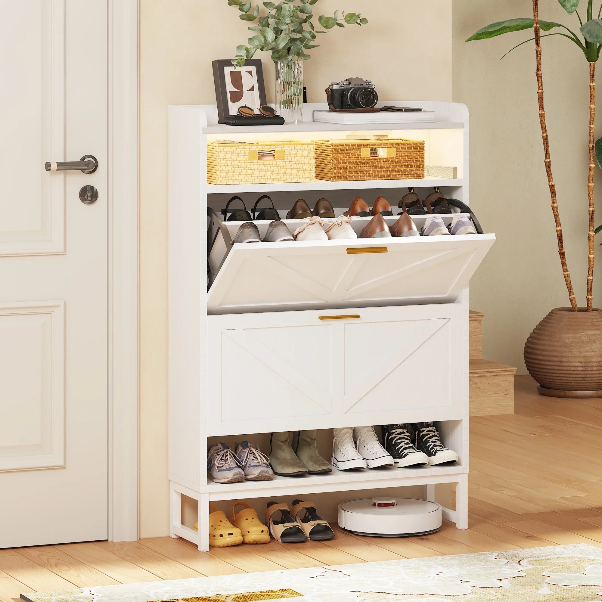 spanspace Shoe Cabinet with 2 Flip Drawers,Modern Shoe Storage Cabinet for Entryway, Freestanding Shoe Rack Organizer with Open Storage and Light