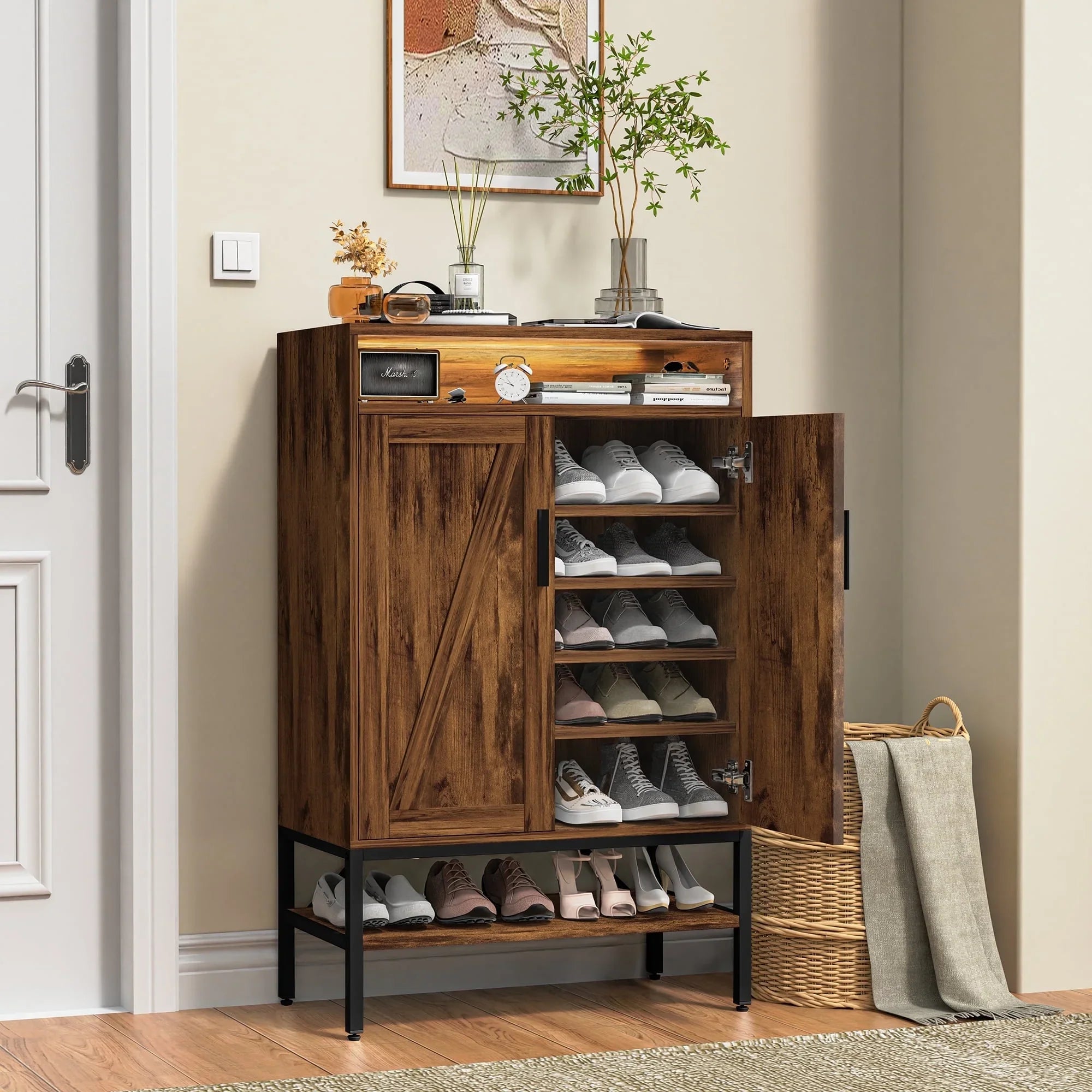 spanspace 7 Tiers Shoe Storage Cabinet for Entryway, Freestanding Shoe Rack Organizer with Open Storage, Adjustable Shelves and Light,Brown