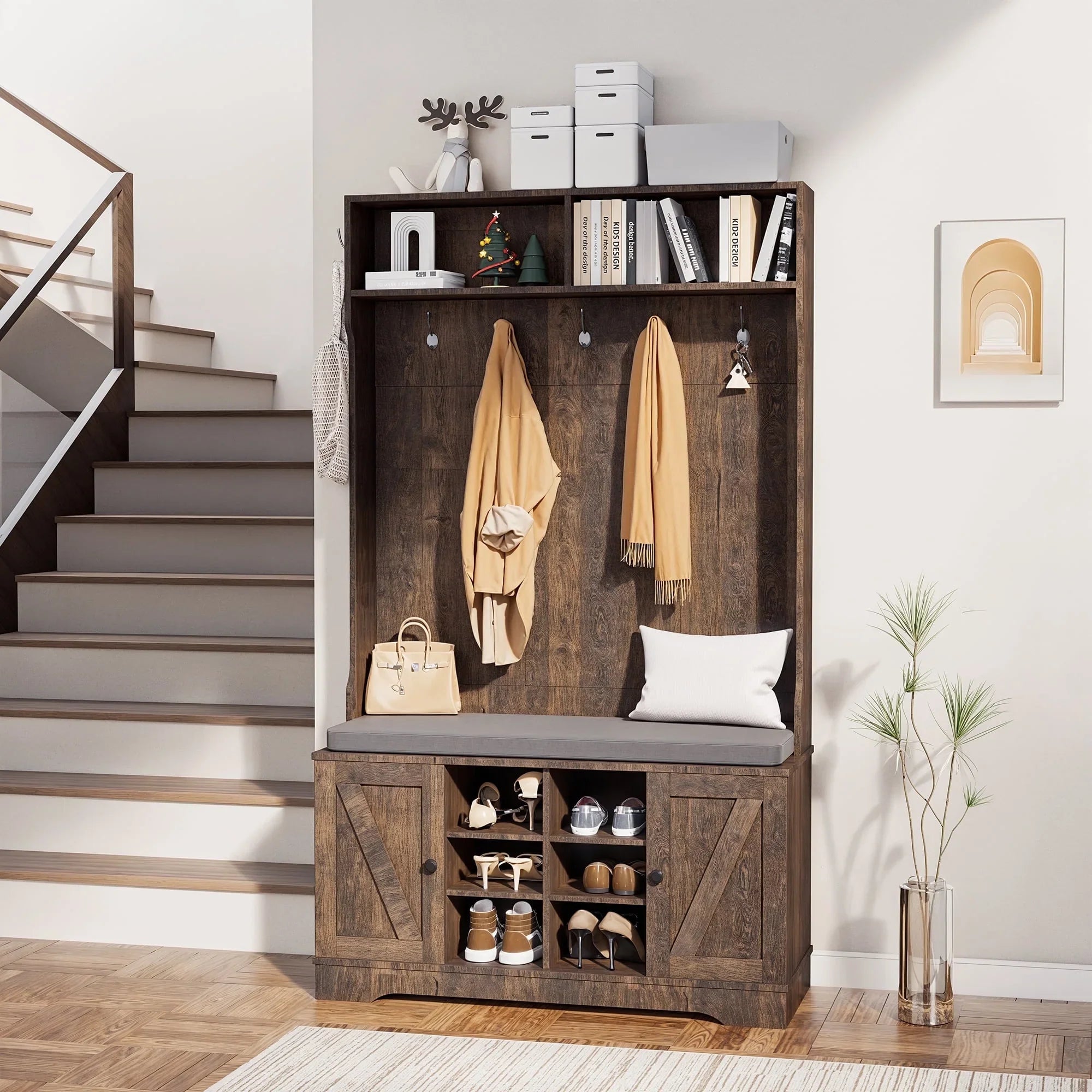 spanspace 4-in-1 Modern Hall Tree with Bench and Shoe Storage, Entryway Bench with Coat Rack, Rustic Brown