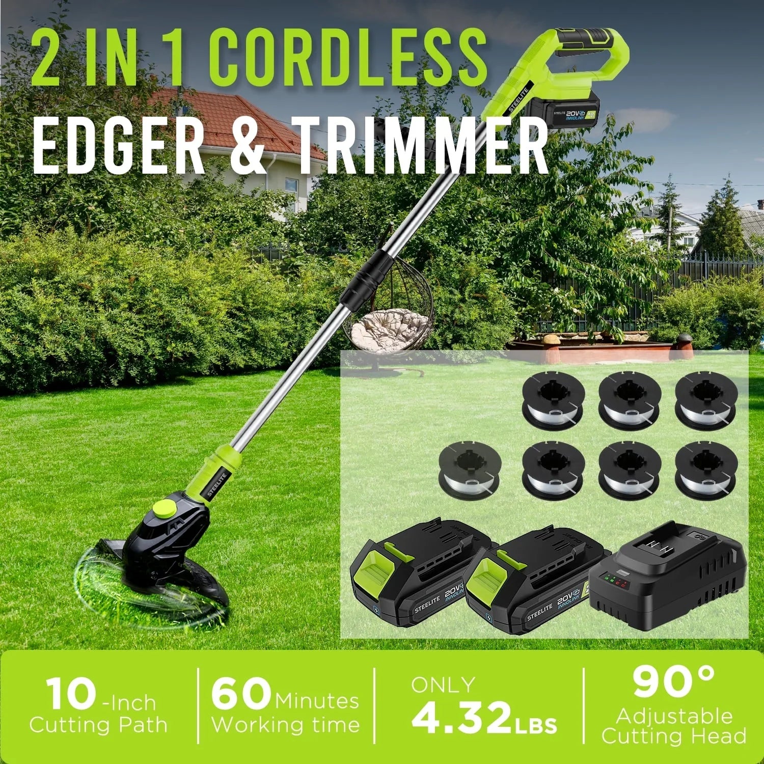Steelite 21V Cordless String Trimmer, Battery Powered Weed Wacker & Lightweight Grass Trimmer with 2 x 2.0Ah Battery,Charger and  6 PCS Replacement Spools