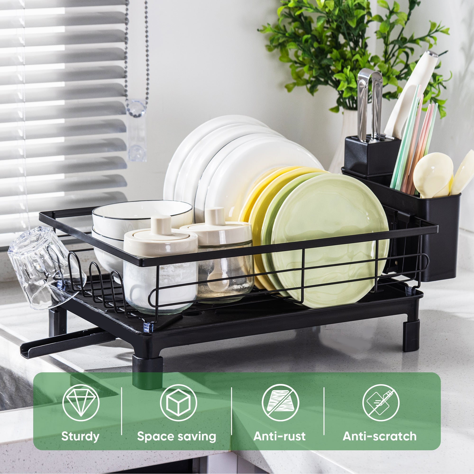 VUSIGN Dish Drying Rack - Space-Saving Dish Rack,Dish Racks for Kitchen Counter with Drainboard, Rustproof Dish Drainer with a Removable 4-Compartment Utensil Holder,Black