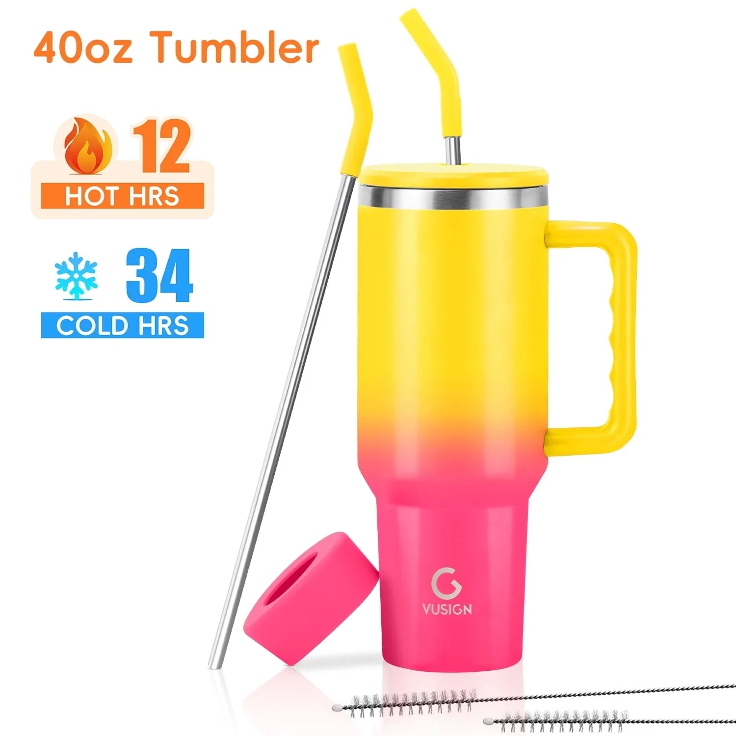 VUSIGN 40 oz Tumbler, Double Wall Stainless Steel Vacuum Insulated Tumbler with Handle and Straw Lid,Travel Mug Water Bottle Cup, Red-Yellow Mixed