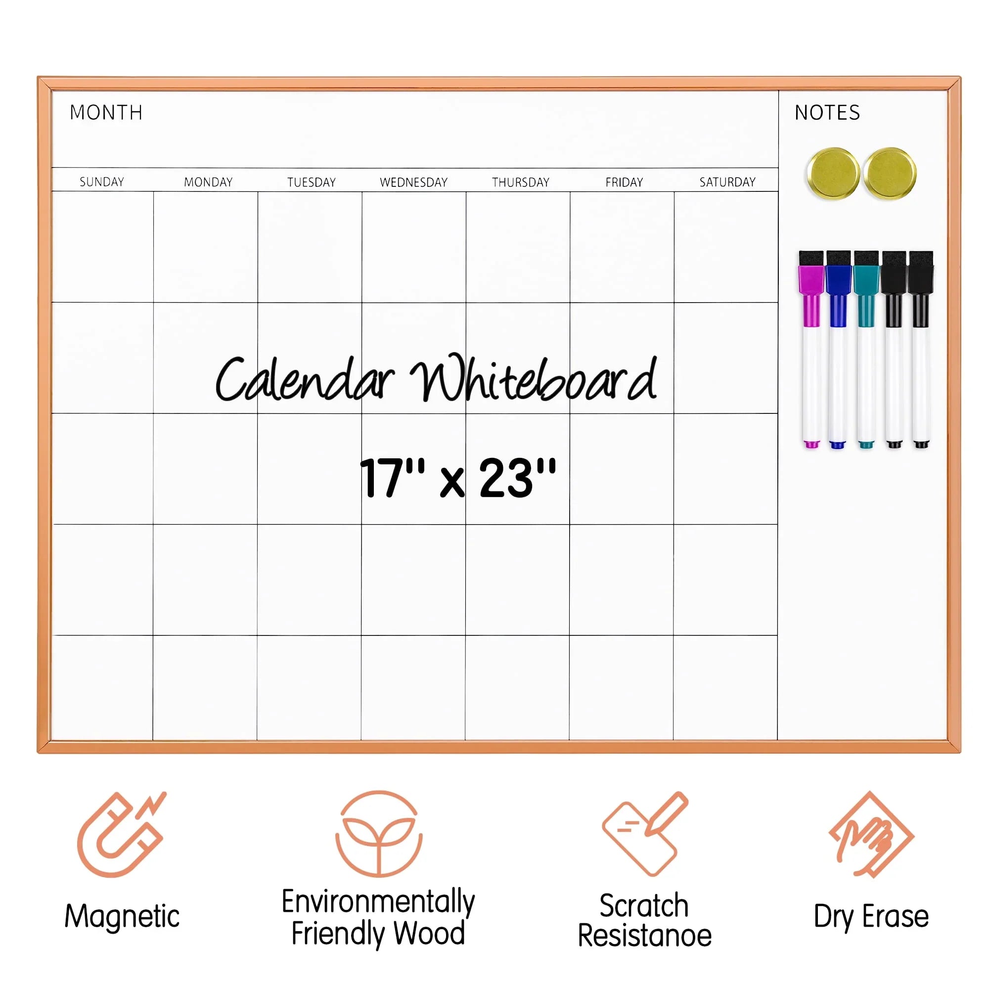 VUSIGN Magnetic Monthly Calendar Whiteboard, 17'' x 23'' Dry Erase Calendar for Wall Office School Home, Rose Gold Frame