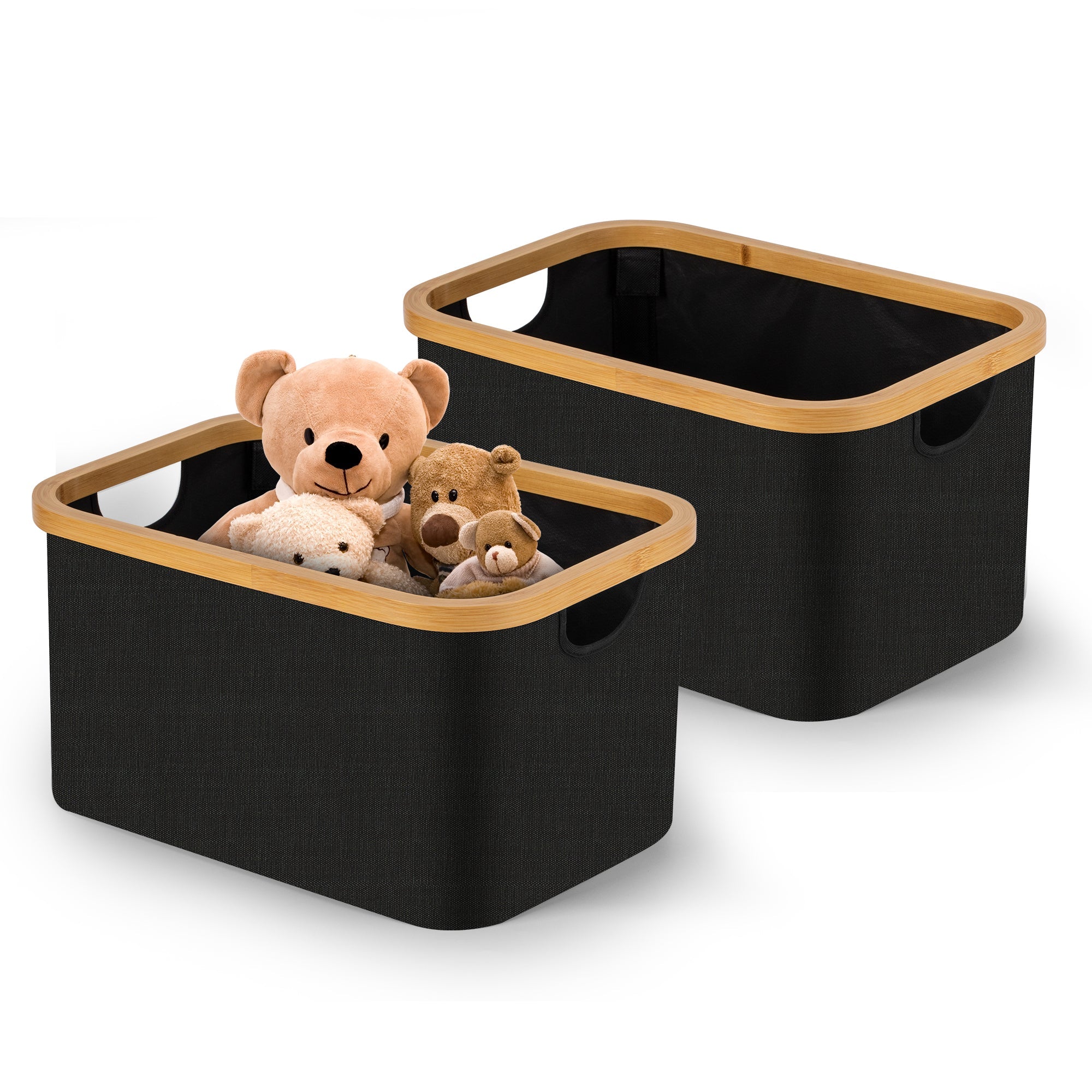 VUSIGN Fabric Storage Baskets with Bamboo Handles, Collapsible, Black Set of 2, L Size