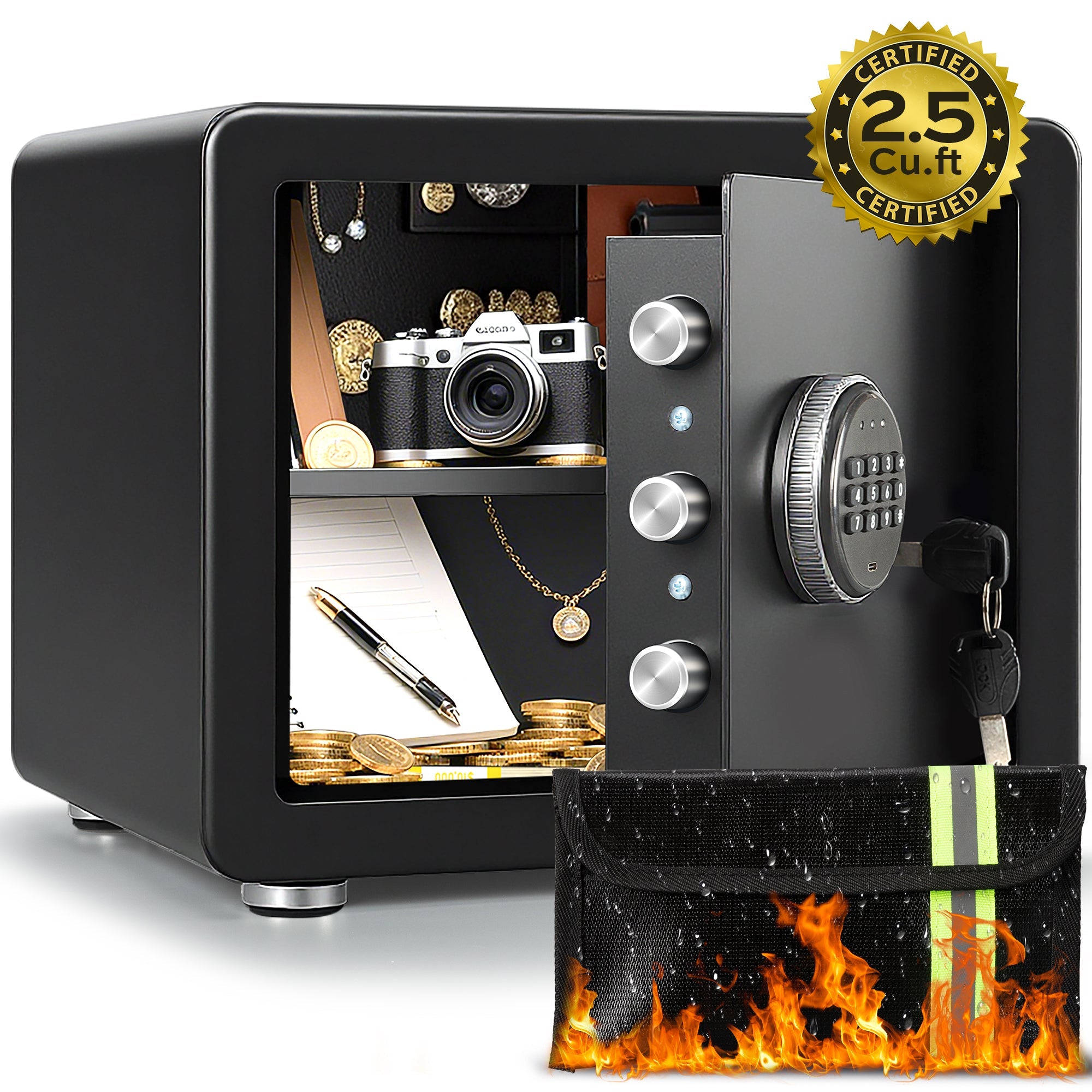 Locksworth 2.5 Cuft Safe Box with Digital Keypad,1 Shelf, Fireproof & Waterproof Bag for Home Office Hotel Cash Jewelry