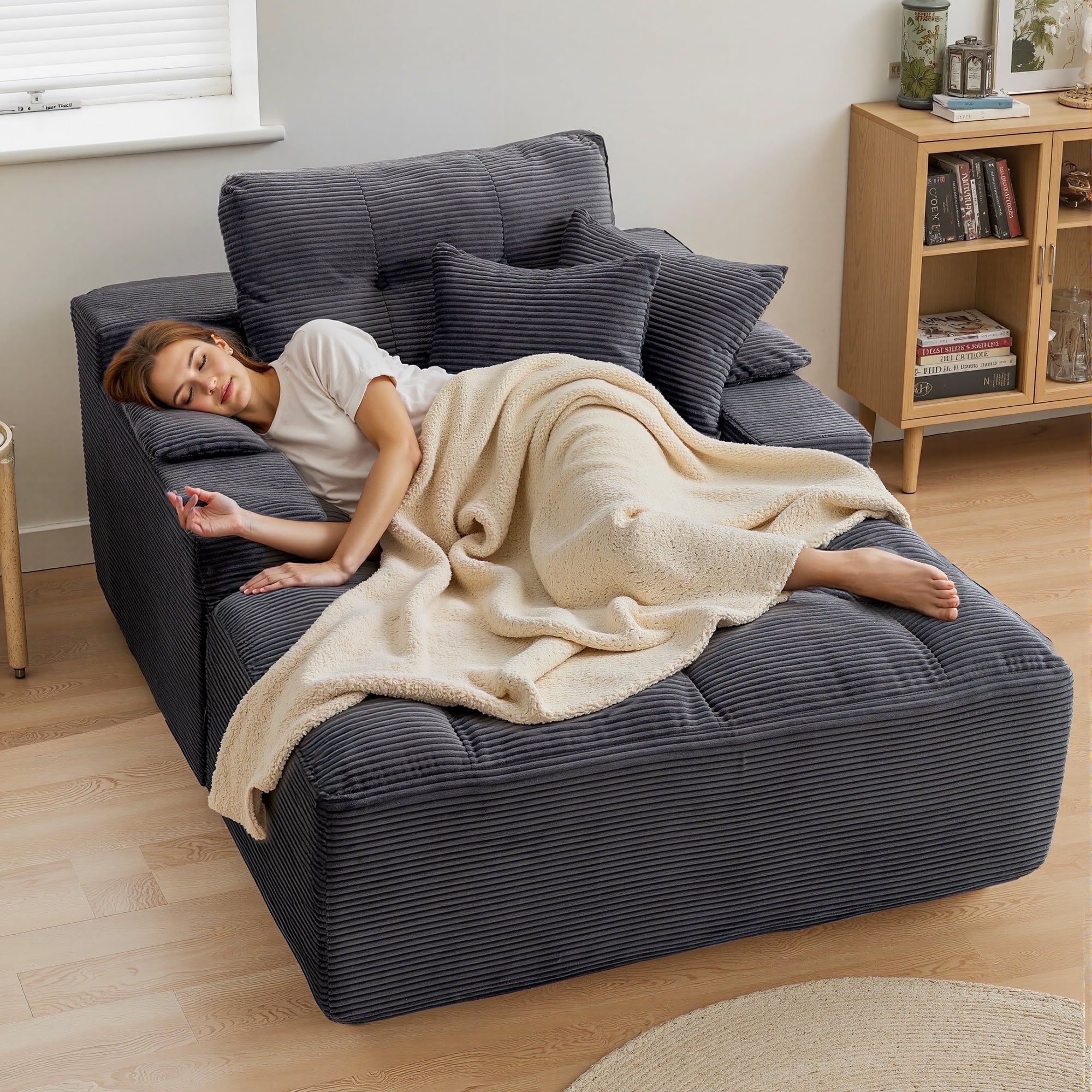 Oversized Chaise Lounge Chair Indoor, Plush Sleeper Sofa Couch Reading Chairs with Throw Pillows and Removable Armrest Pads for Living Room, No Assembly Required, Gray