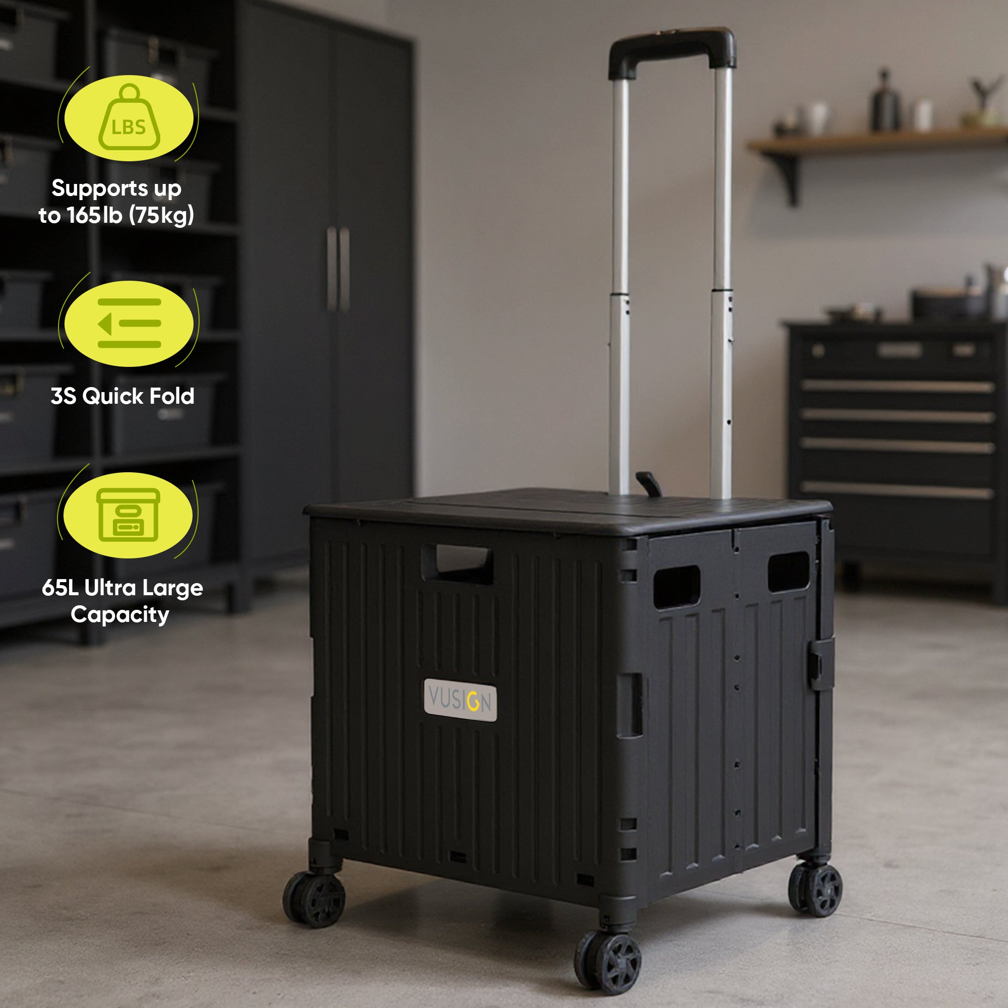 VUSIGN Collapsible Rolling Crate, 65L Foldable Utility Cart on Wheels for Teachers Schools Home Office Shopping, Black
