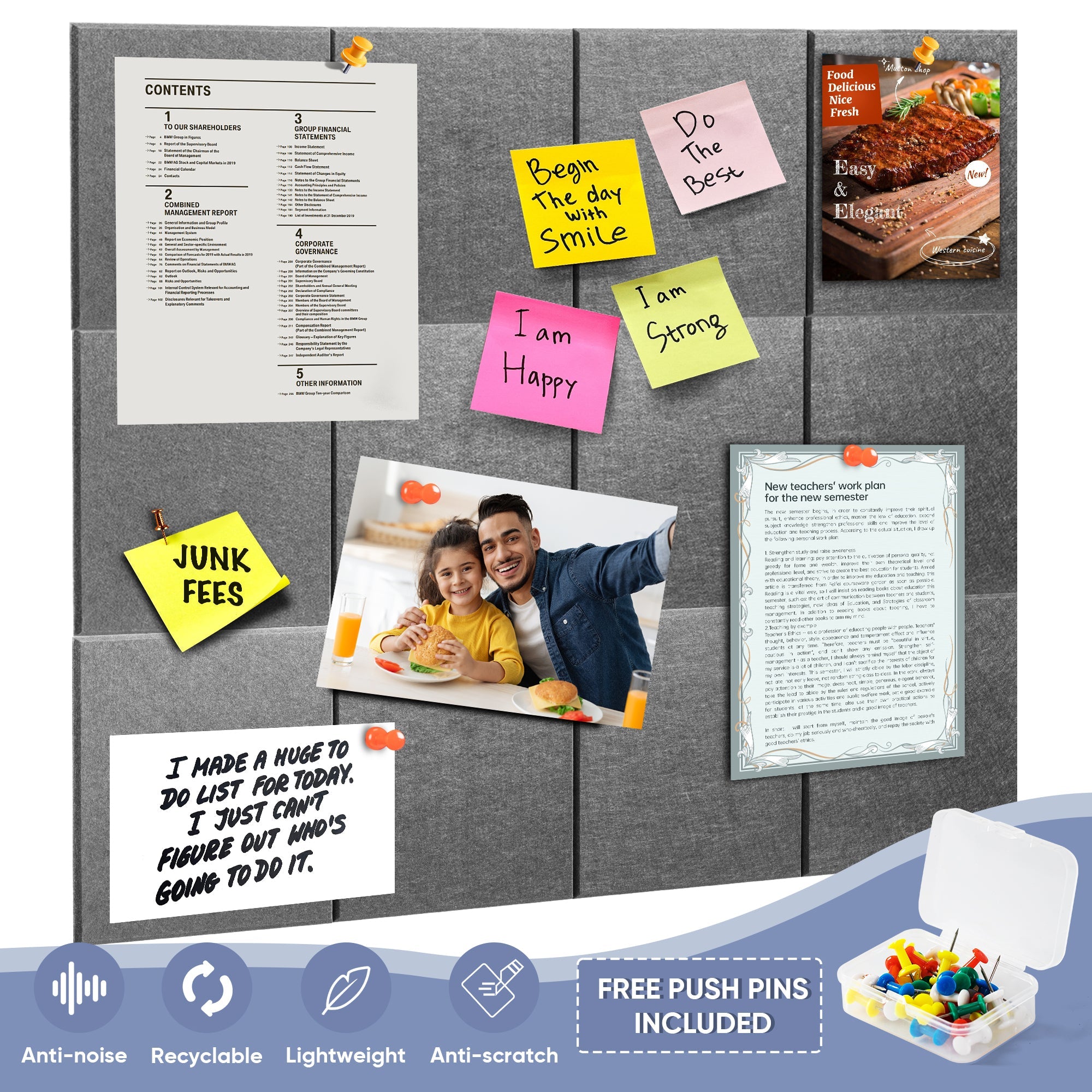 VUSIGN Large Cork Board for Wall 48" x 36", Grey Bulletin Board, 12 Pack Felt Wall Tiles with Pushpins, Notice Board for Home Office Kitchen