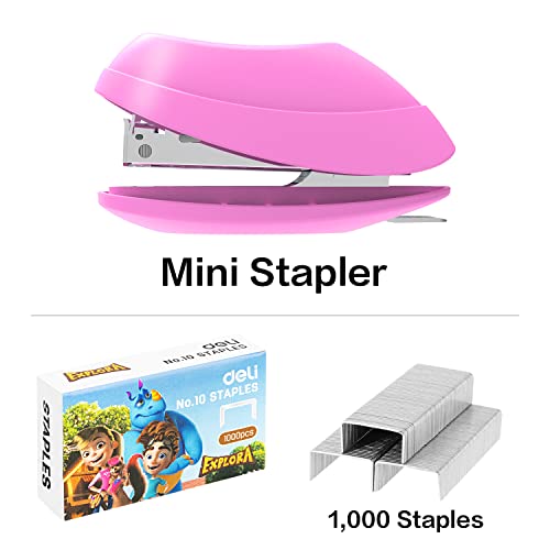 Deli Mini Stapler, 15 Sheet Capacity, Includes Built-in Staple Remover & 1000pcs NO.10 Staples, Pink