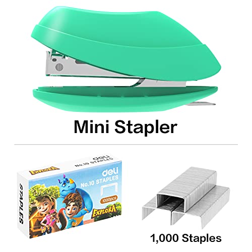 Deli Mini Stapler, 15 Sheet Capacity, Includes Built-in Staple Remover & 1000pcs NO.10 Staples, Green