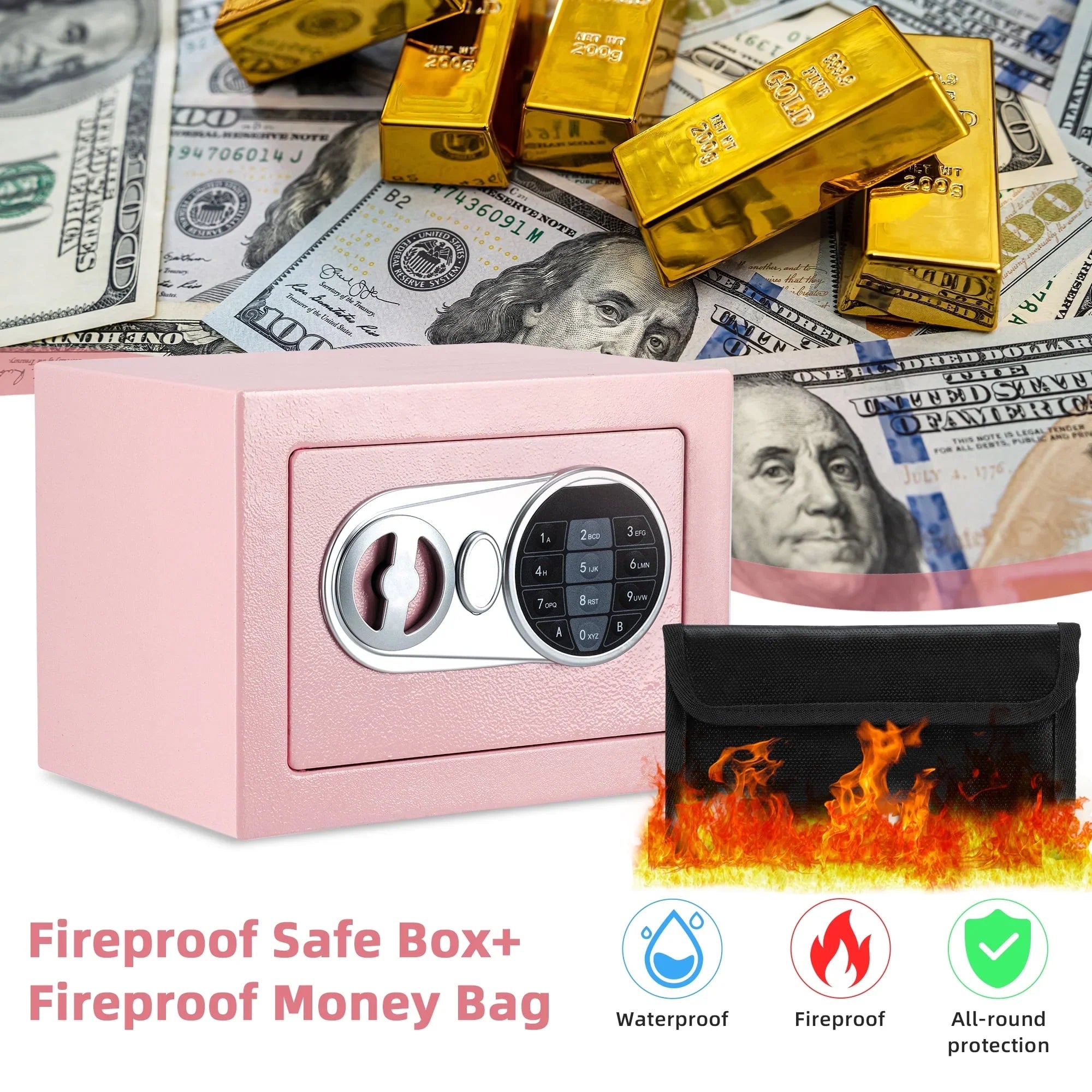 LOCKSWORTH Electronic Digital Safe Box, Fireproof Waterproof,for Home with Fireproof Money Bag for Cash Safe Hidden, Pink