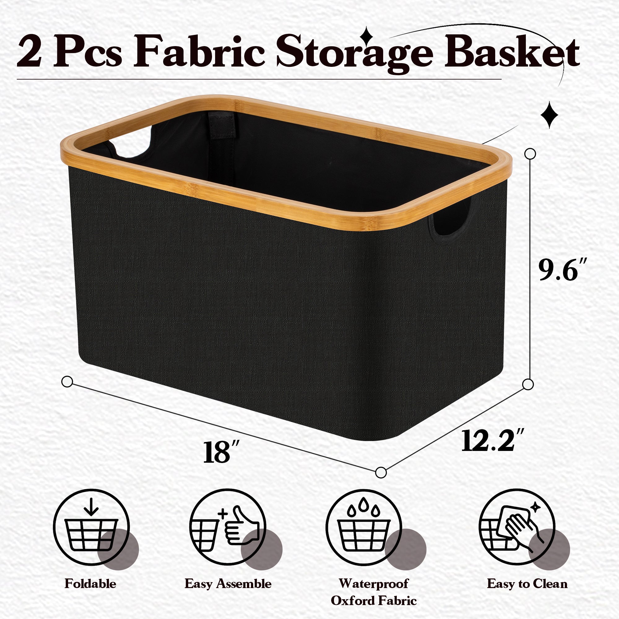 VUSIGN Fabric Storage Baskets with Bamboo Handles, Collapsible, Black Set of 2, L Size