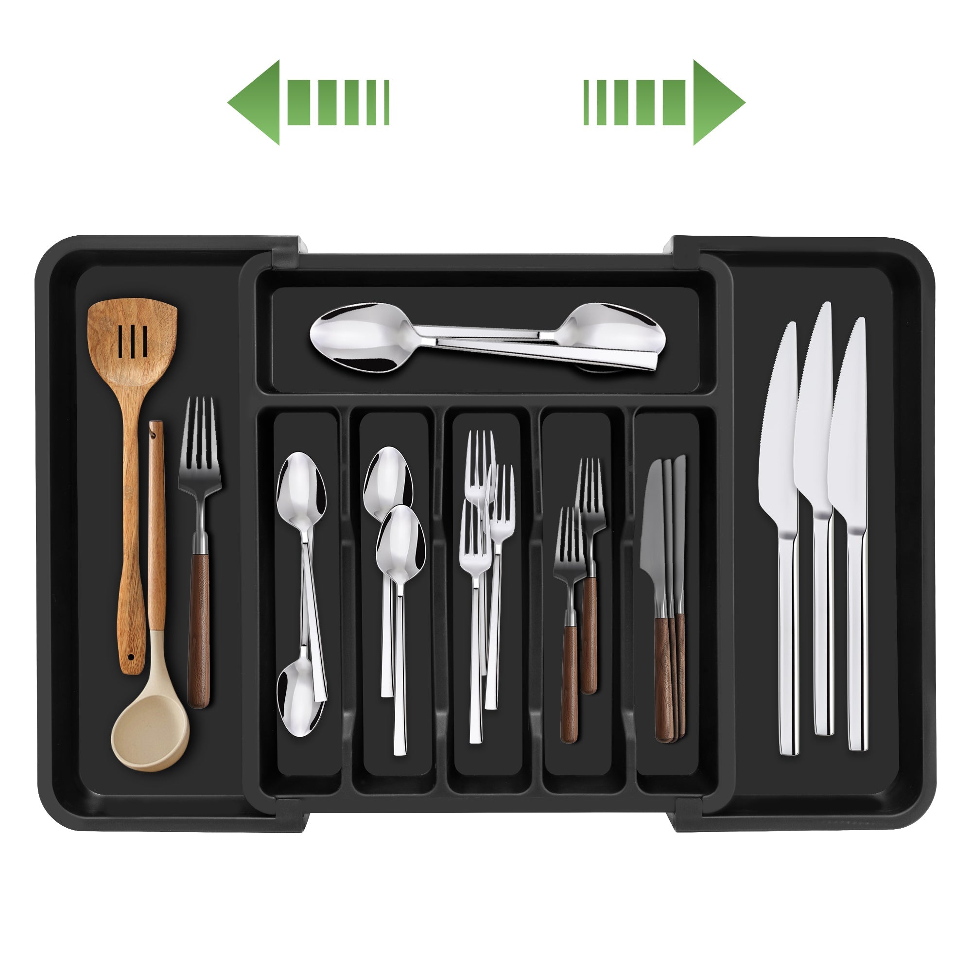 VUSIGN Silverware Drawer Organizer, Expandable Utensil Tray for Kitchen,Adjustable Plastic Storage for Spoons Forks Knives, Large, Black