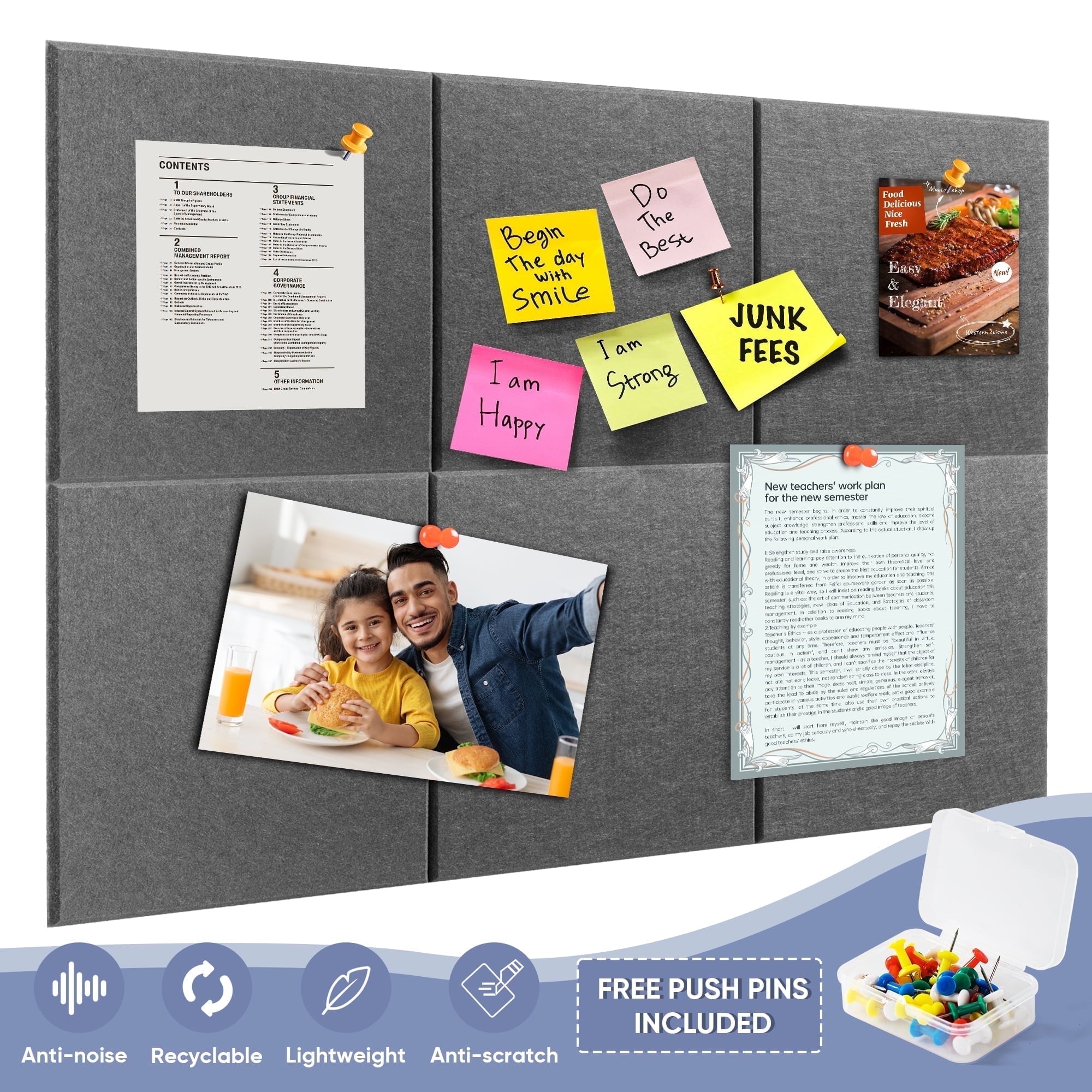 VUSIGN Large Cork Board for Wall 36" x 24", Grey Bulletin Board, 6 Pack Felt Wall Tiles with Pushpins, Notice Board for Home Office Kitchen