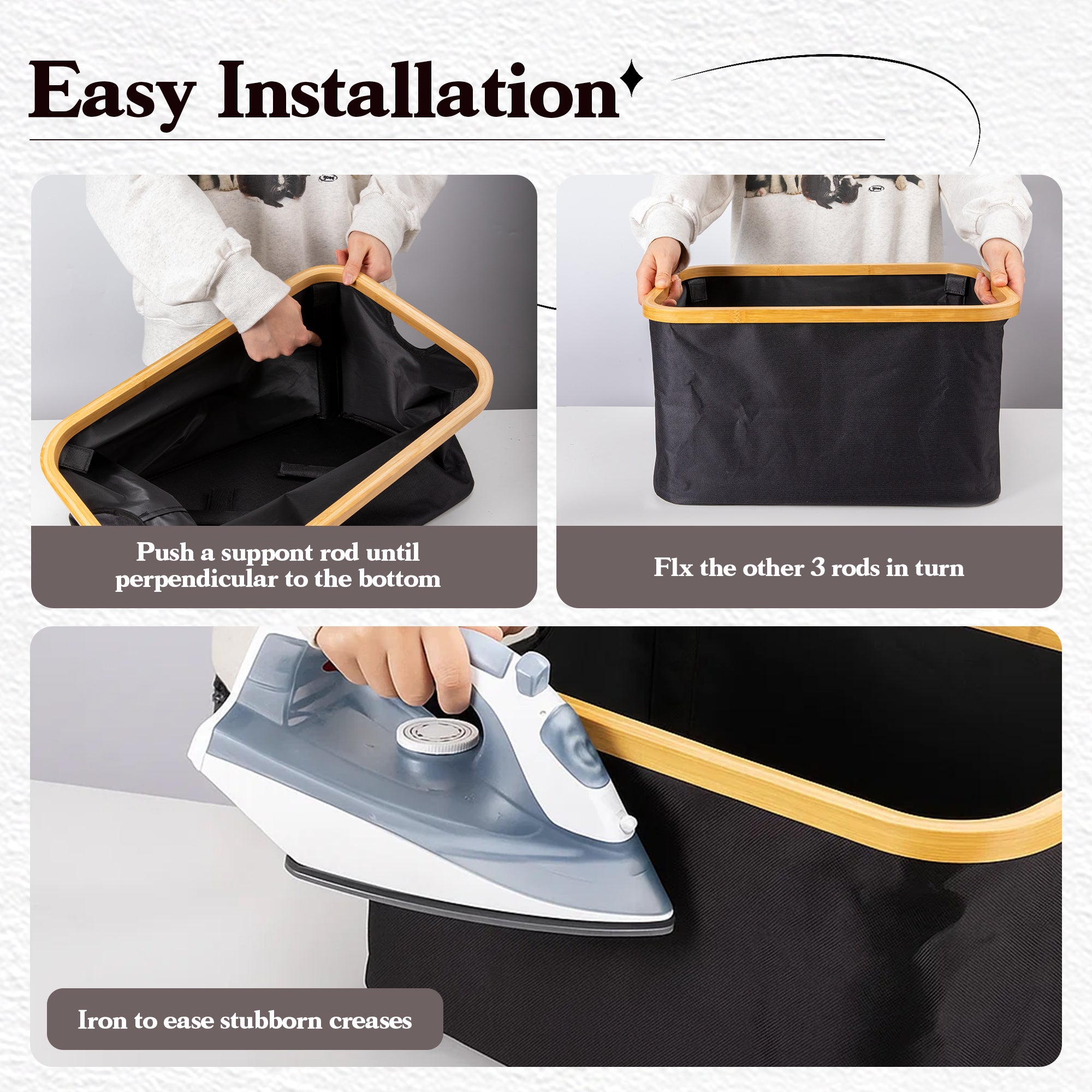 VUSIGN Fabric Storage Baskets with Bamboo Handles, Collapsible, Black Set of 2, L Size