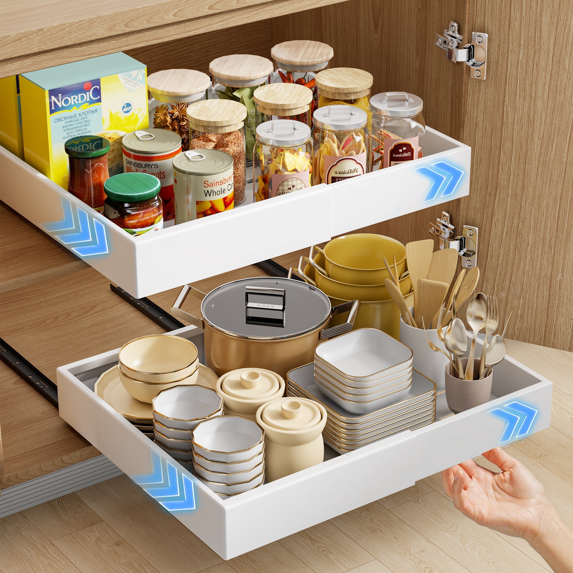 Pull out Cabinet Organizer, Adjustable Width 12.2"-20.1" Expandable Slide out Drawers Storage Rack, Pull-out Shelf Storage for Kitchen Pantry Bathroom Organization (White)