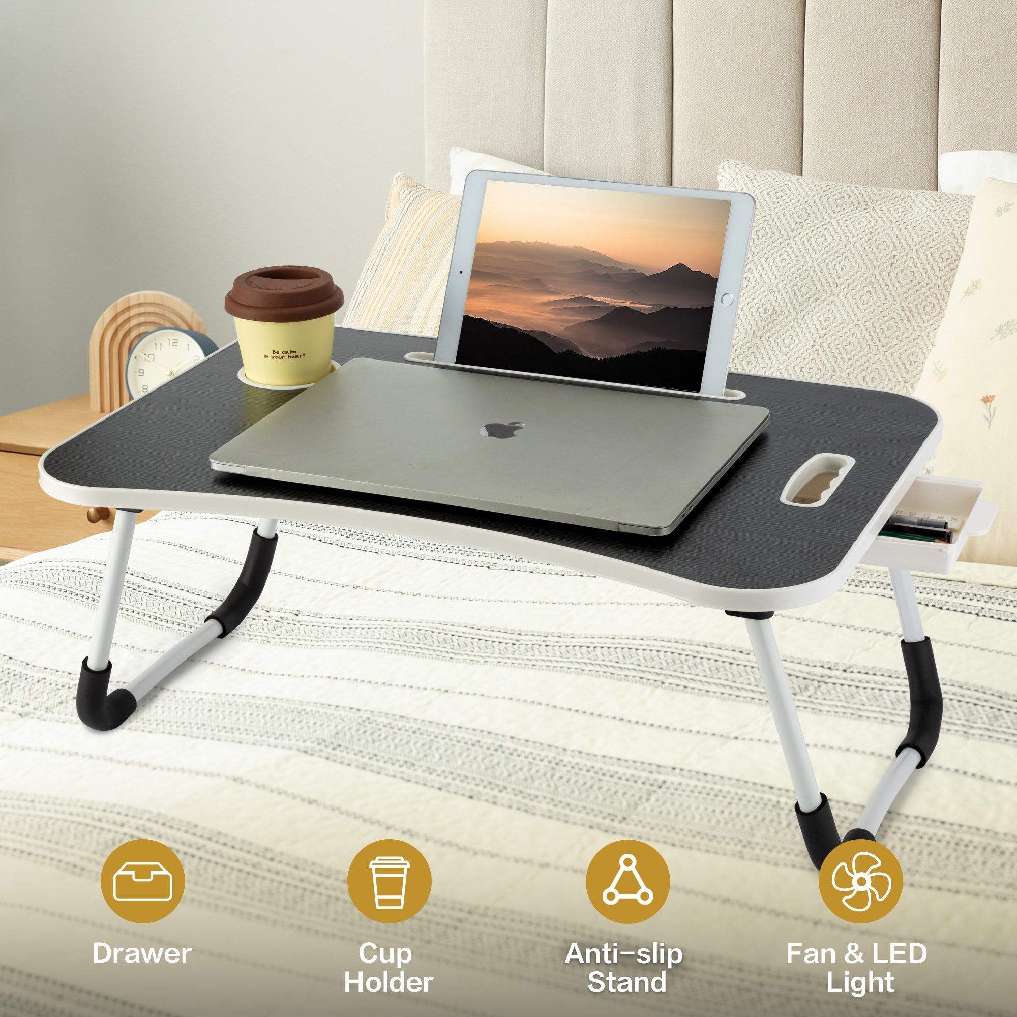 VUSIGN Laptop Lap Desk, Foldable Laptop Table Tray with Drawer and Cup Holder, Lap Bed Desk Notebook Stand Laptray Portable Standing Table for Bed Couch Floor