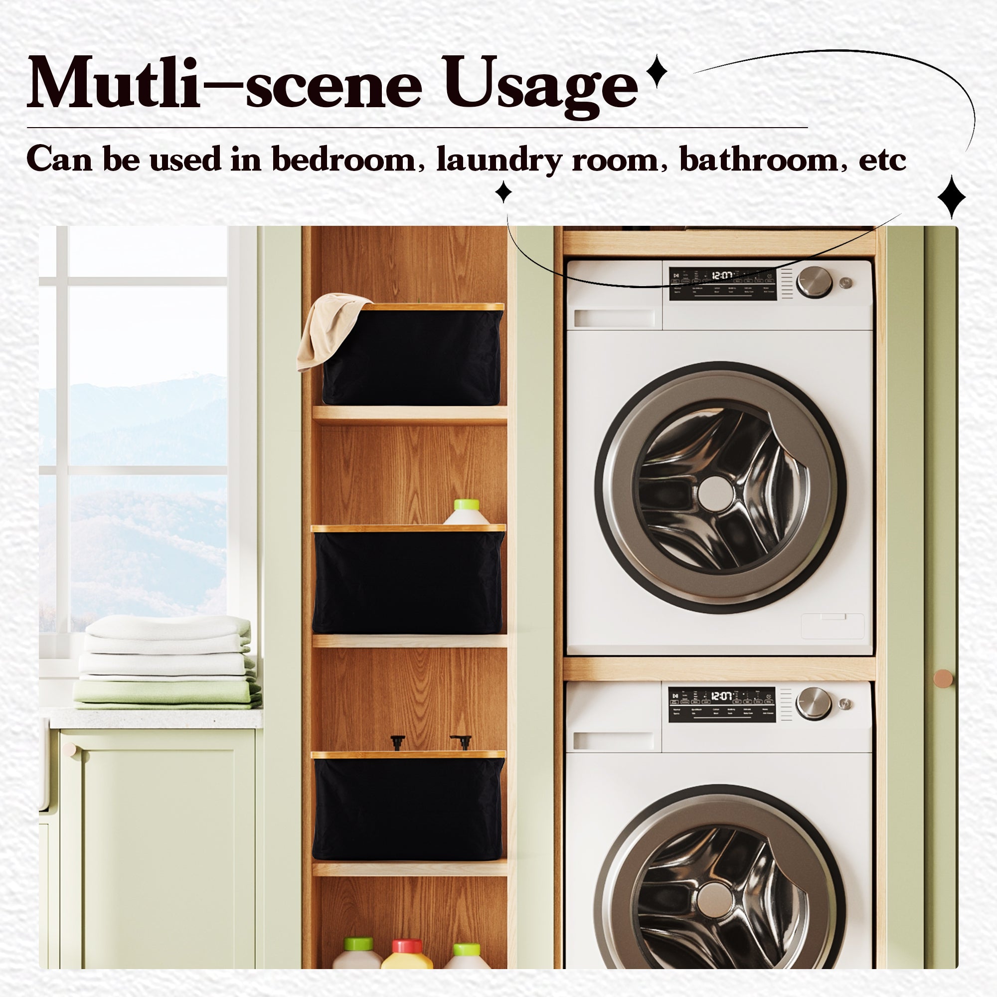 VUSIGN Fabric Storage Baskets with Bamboo Handles, Collapsible, Black Set of 2, L Size