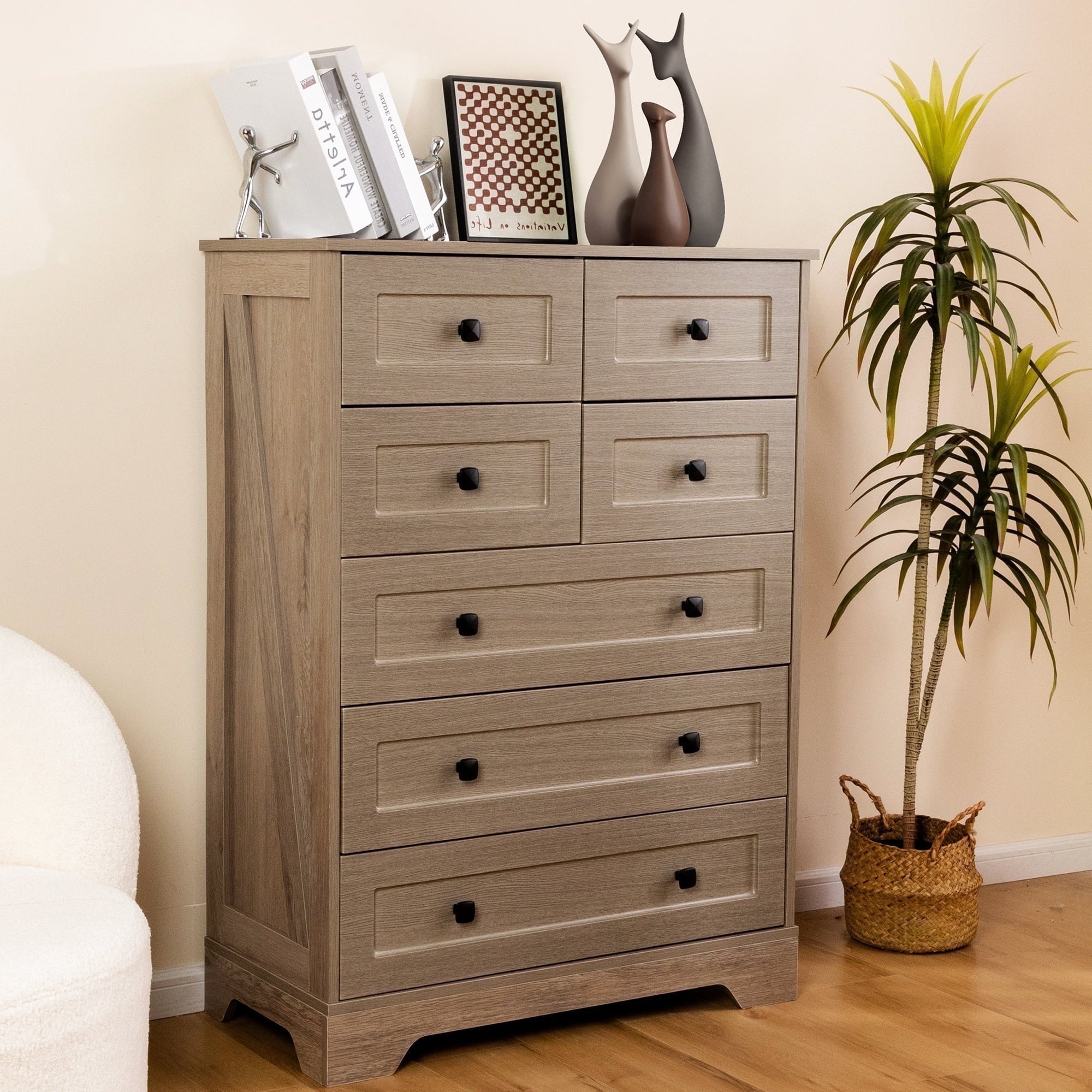 spanspace 7 Drawers Dresser for Bedroom, Farmhouse Vertical Chest of Drawer with Metal pull Handle, Wood Storage Cabinet for Living Room, Hallway and Bedroom (Gray)