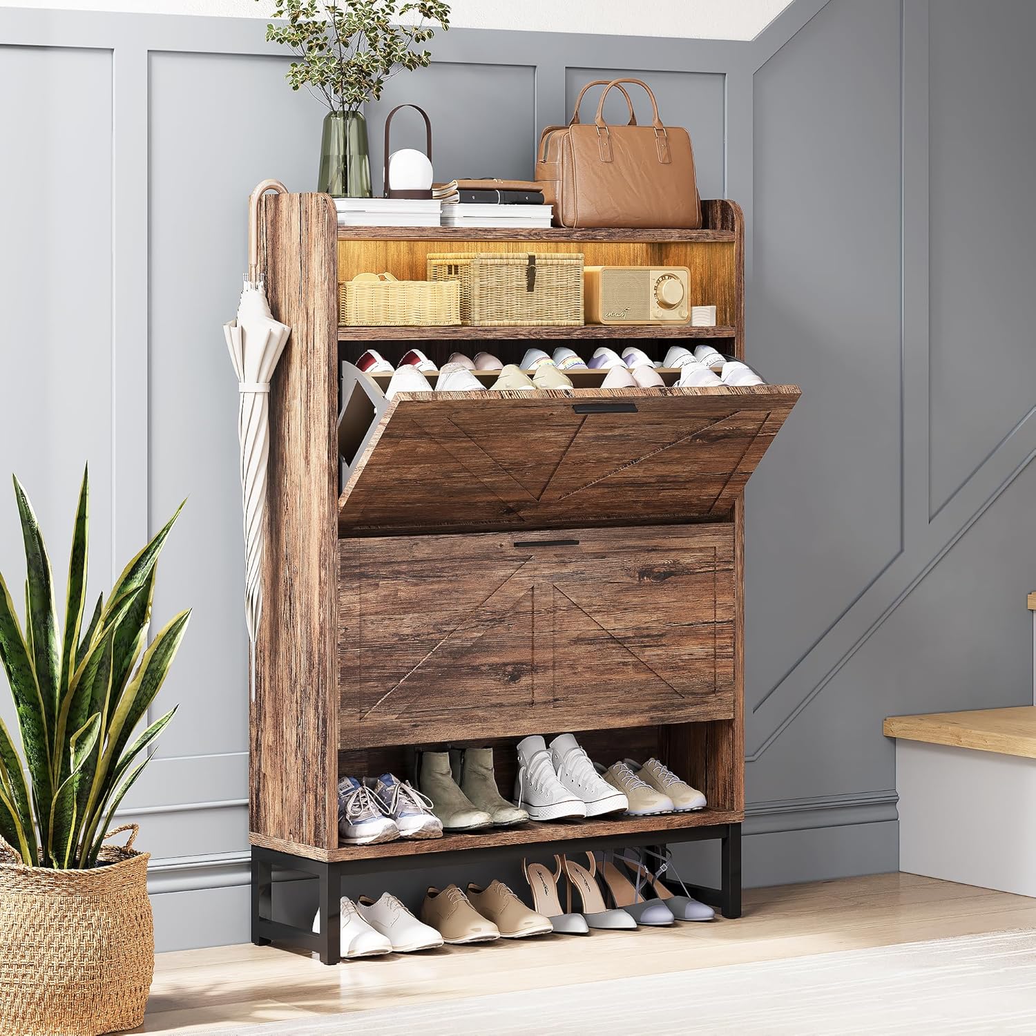 Freestanding Shoe Storage Cabinet for Entryway, Farmhouse Shoe Rack Cabinet with Open Shelf & 2 Flip-Drawer, Metal Legs for Hallway, White