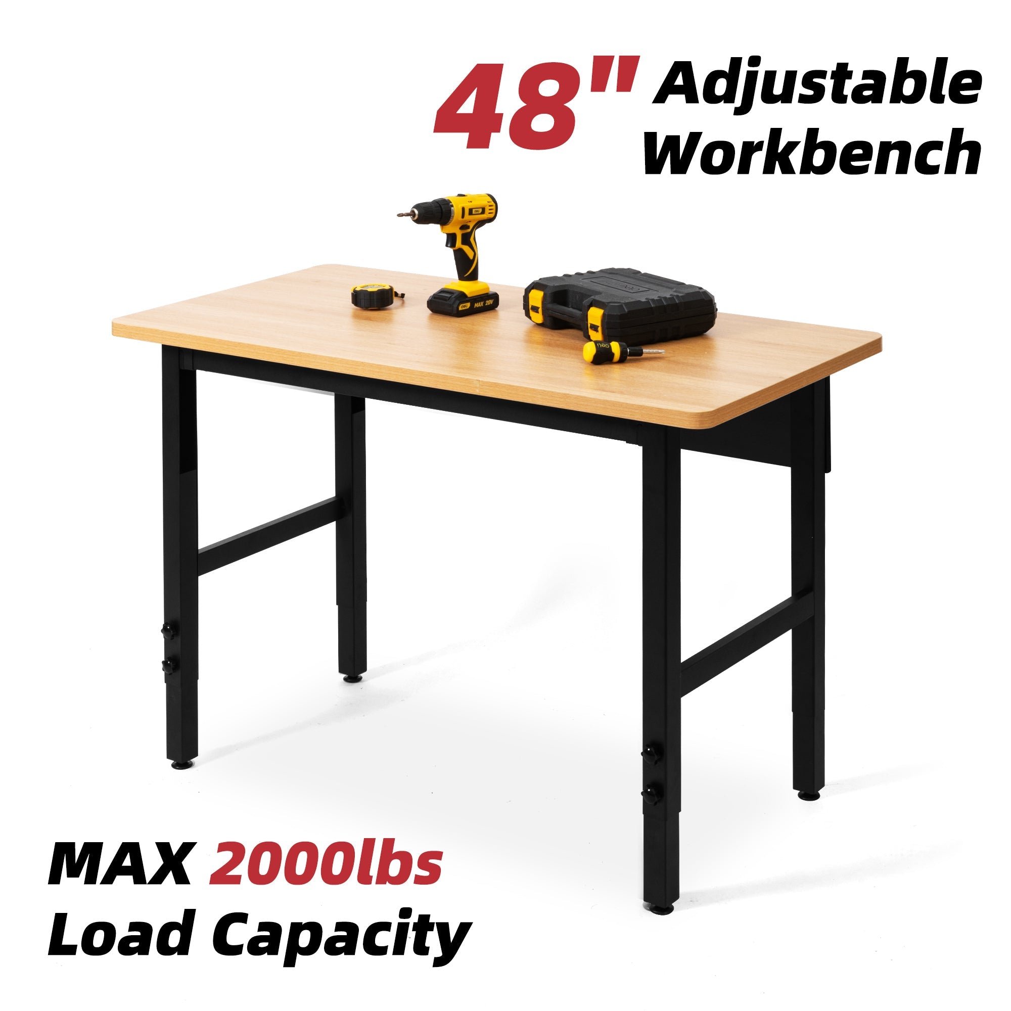 spanspace 48" Heavy-Duty Adjustable Workbench, Multi-Purpose Hardwood Top Worktable with Metal Frame & Foot Pads,2000 lbs Load Capacity
