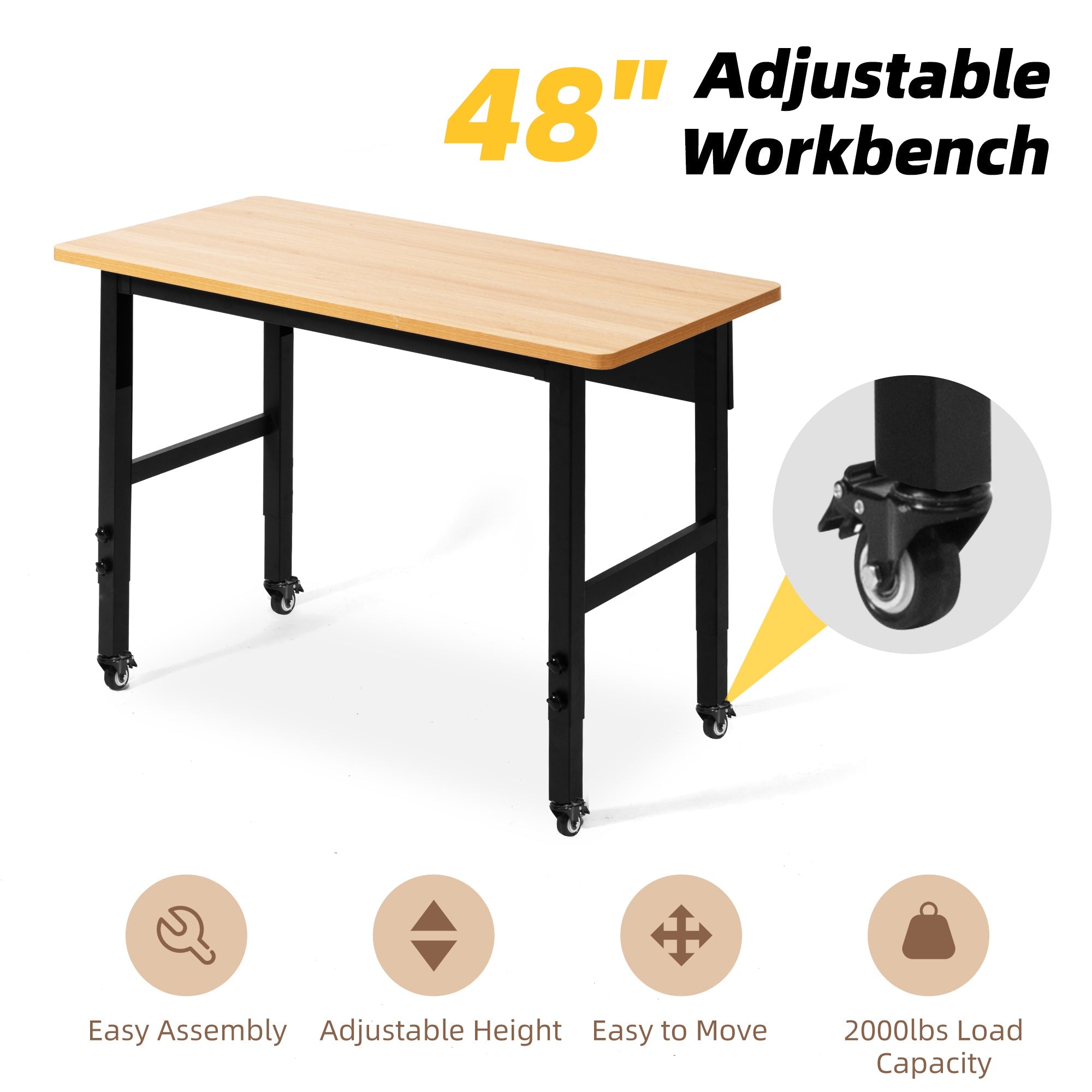 spanspace 48" Adjustable Heavy-Duty Workbench, Hardwood Top Worktable with Locking Universal Wheels & Metal Frame,Workshop Garage Table