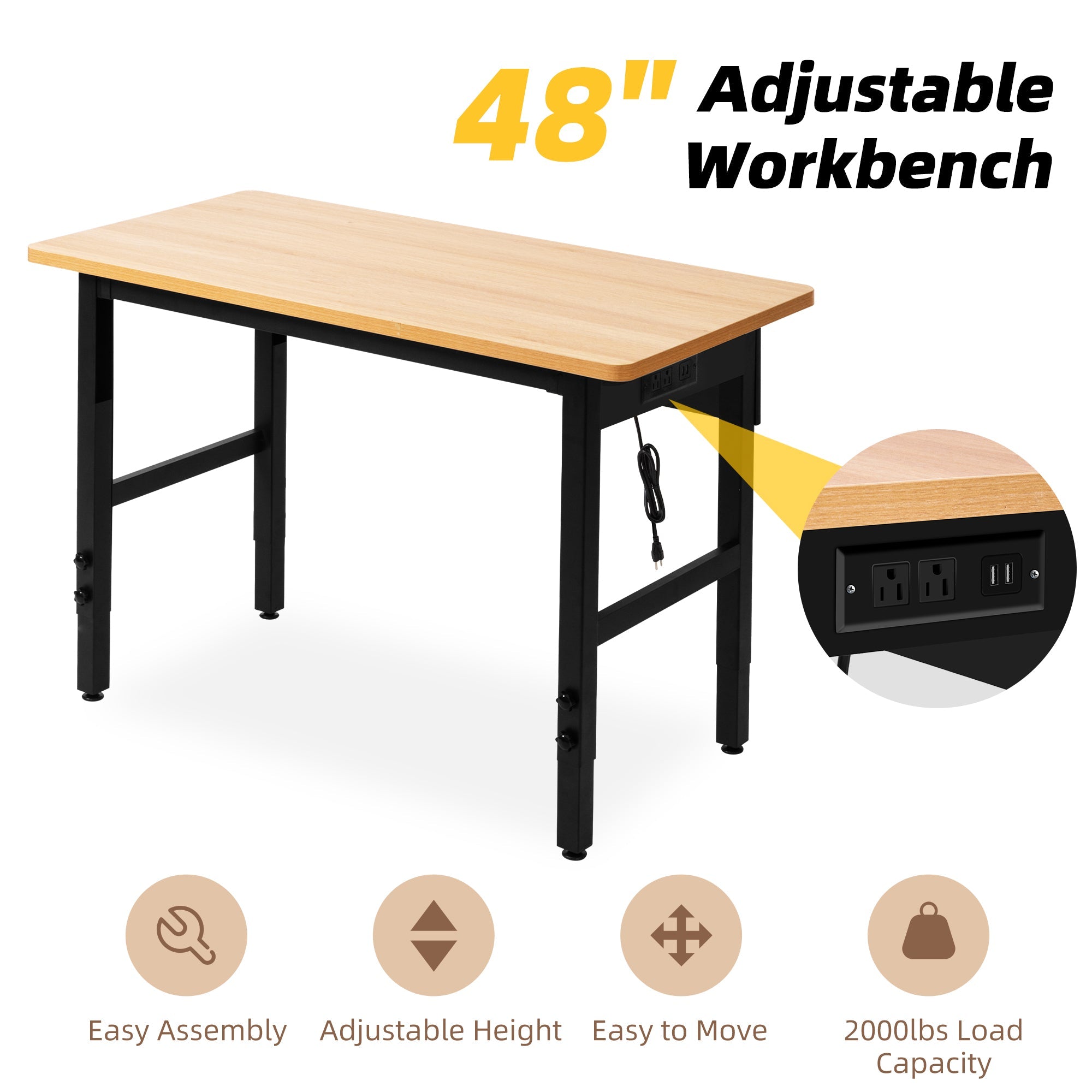 spanspace 48" Adjustable Workbench, 48" L X 24" Hardwood Top Worktable with Power Outlet  & Foot Pads for  Workshop, Office, Garage, Home