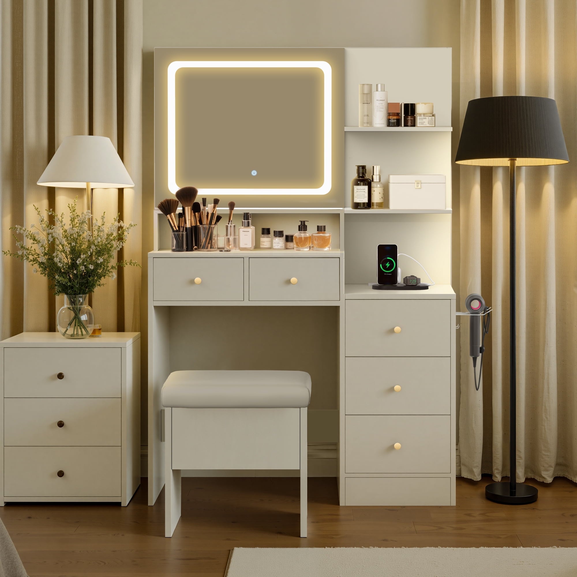 Makeup Vanity Desk Set with Mirror amd LED Lights, White Vanity Table with Chair, Charging Station, 3 Open Storage Shelves & 4 Drawers, Dressing Table with 3 Color Modes for Bedroom