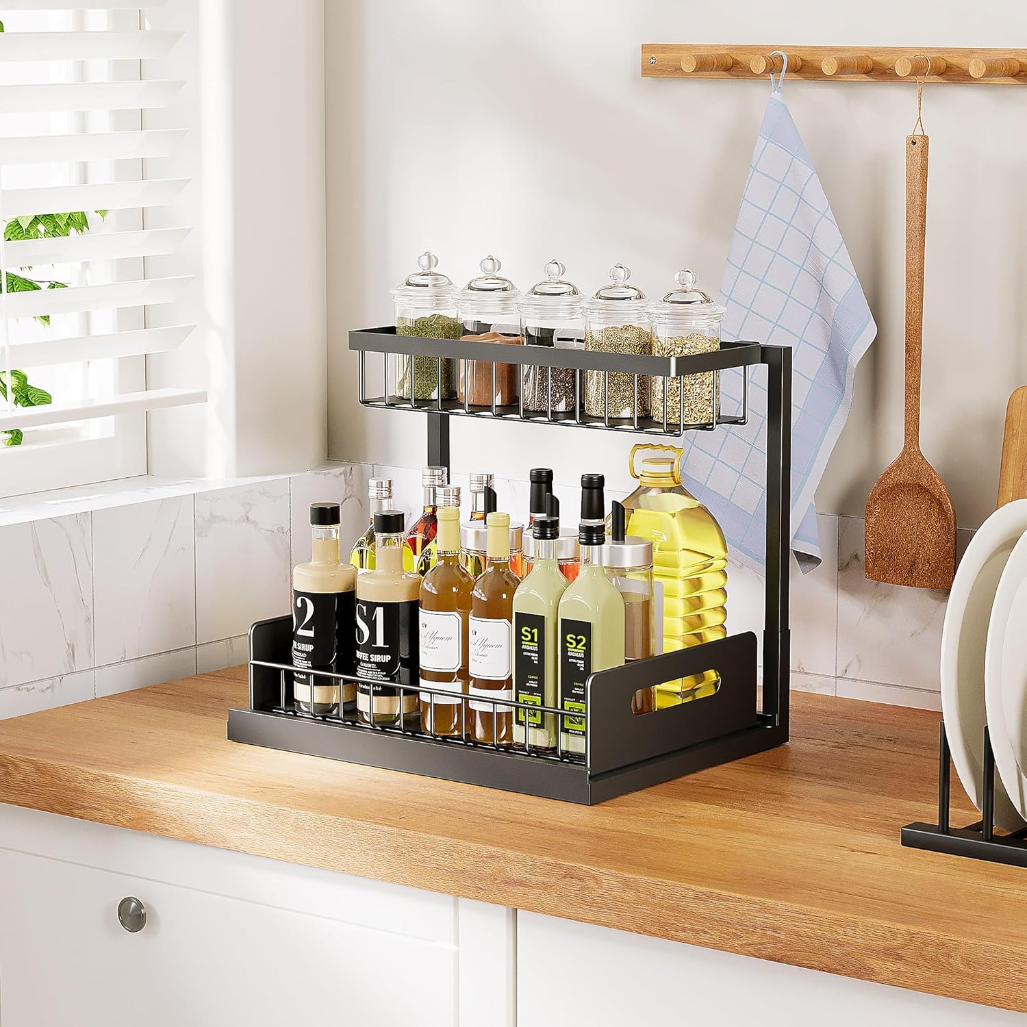 VUSIGN Under Kitchen Sink Organizer 2 Tier, Pull Out Under Sink Organizers and Storage, Bathroom Cabinet Kitchen Organization Storage Shelf, 1 Pack Black