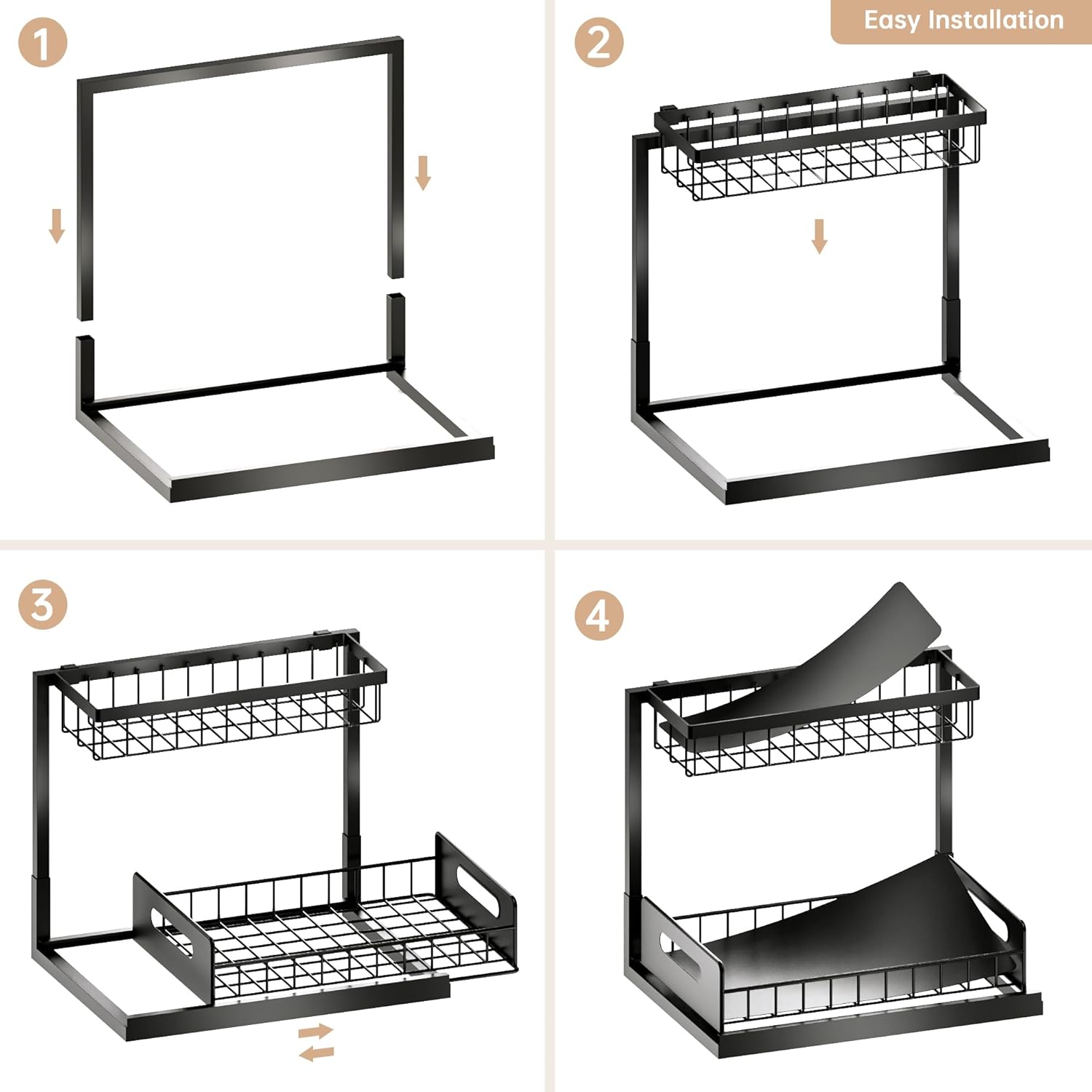 VUSIGN Under Kitchen Sink Organizer 2 Tier, Pull Out Under Sink Organizers and Storage, Bathroom Cabinet Kitchen Organization Storage Shelf, 1 Pack Black