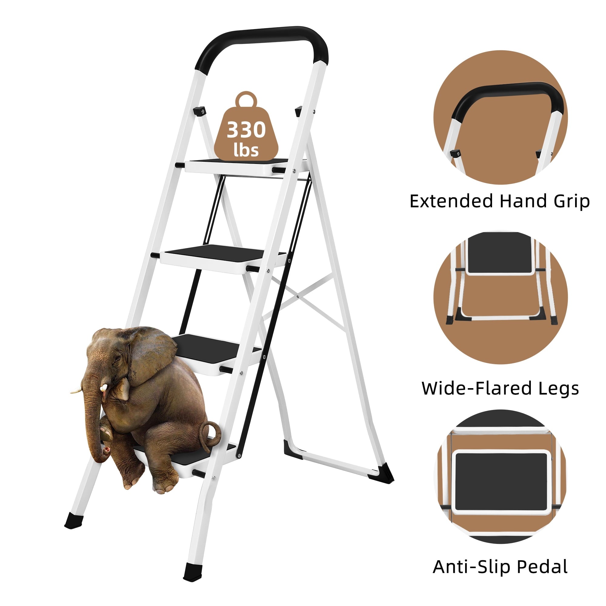 spanspace 4 Step Folding Ladder, Portable Lightweight Step Stool with Handgrip, Wide Anti-Slip Platform Steps, 330 lbs Capacity for Closet, Kitchen, Office, Home, White