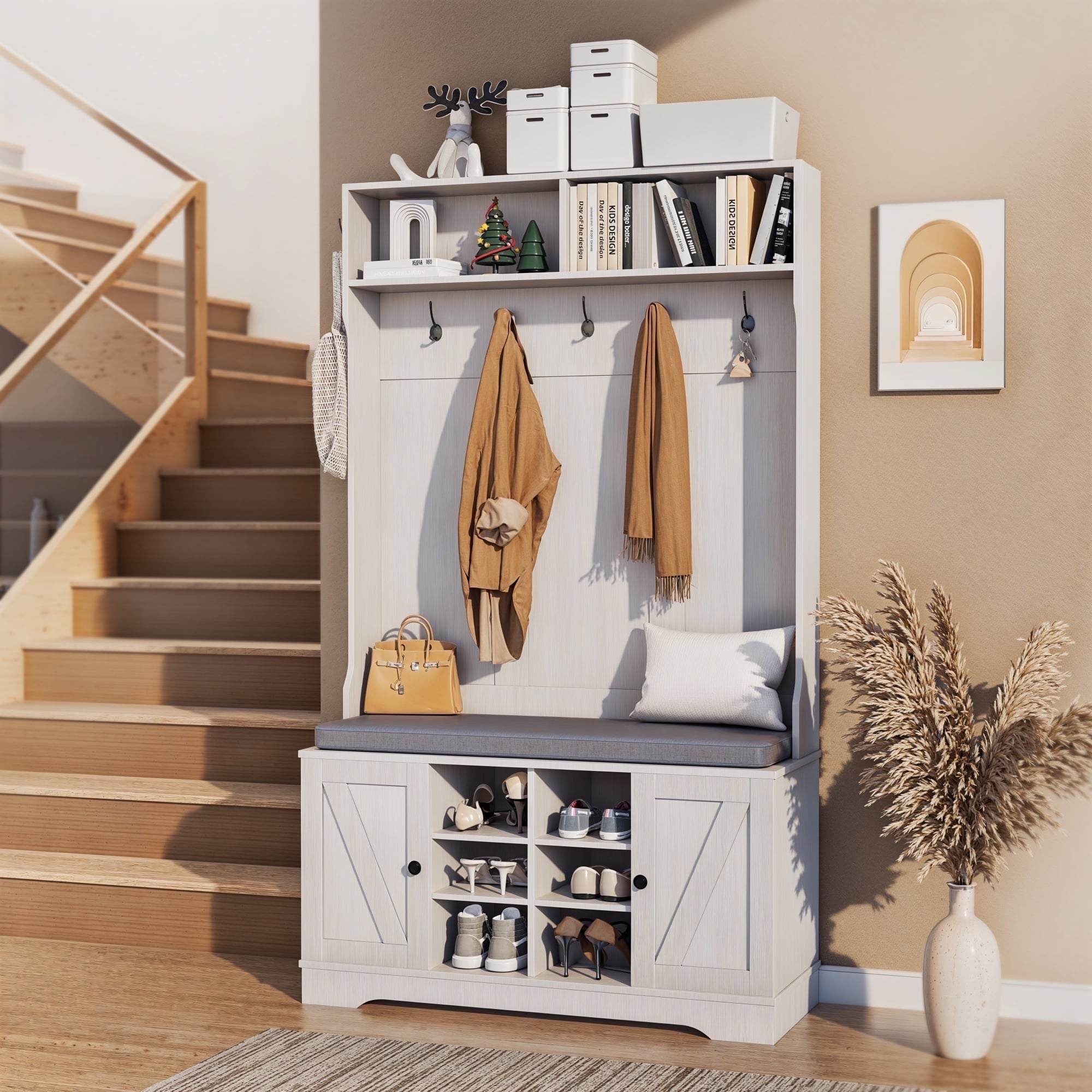 Visit the spanspace Store spanspace 71" Coat Rack with 6 Hooks, 4-in-1 Hall Tree with Storage Bench, Coat Hanger, Shoe Cabinet with Soft Cushion for Hallway, Living Room, White