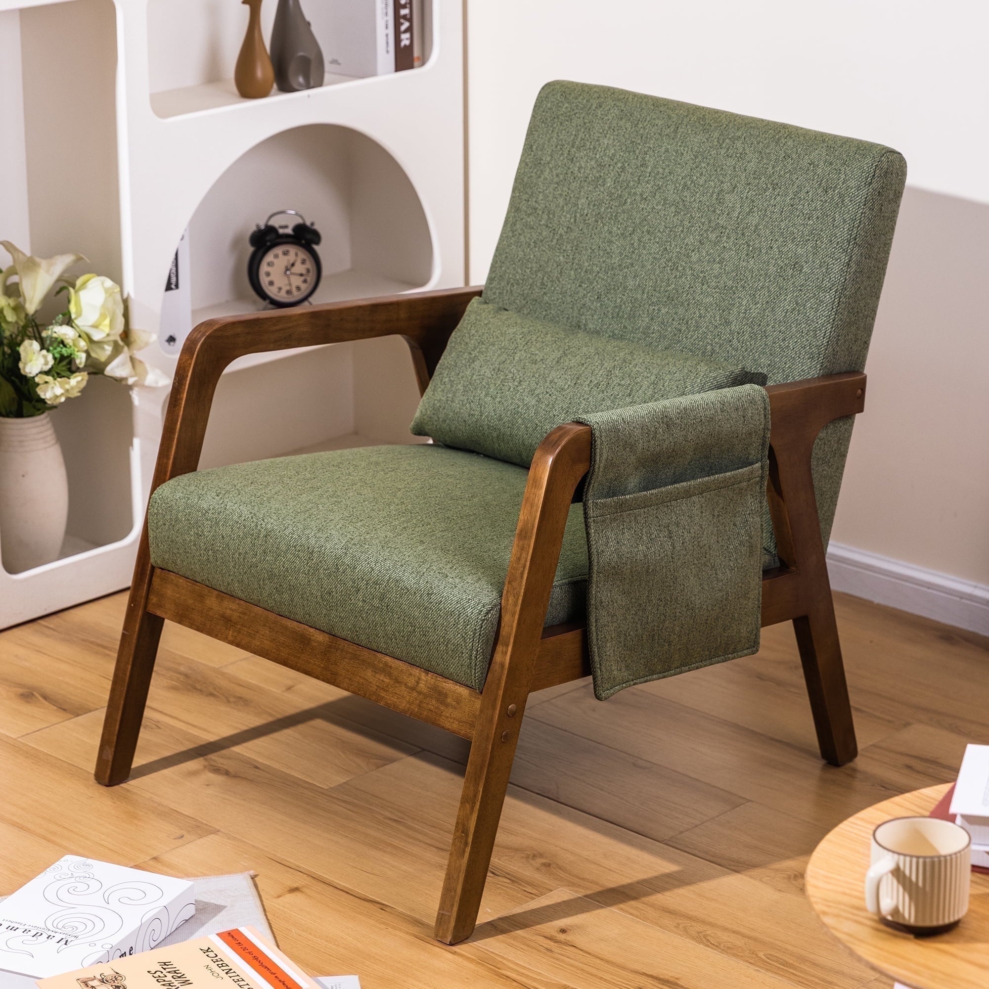 spanspace Mid-Century Modern Accent Chair with Wooden Frame, Upholstered Fabric Armchair for Living Room, Bedroom and Office, Green