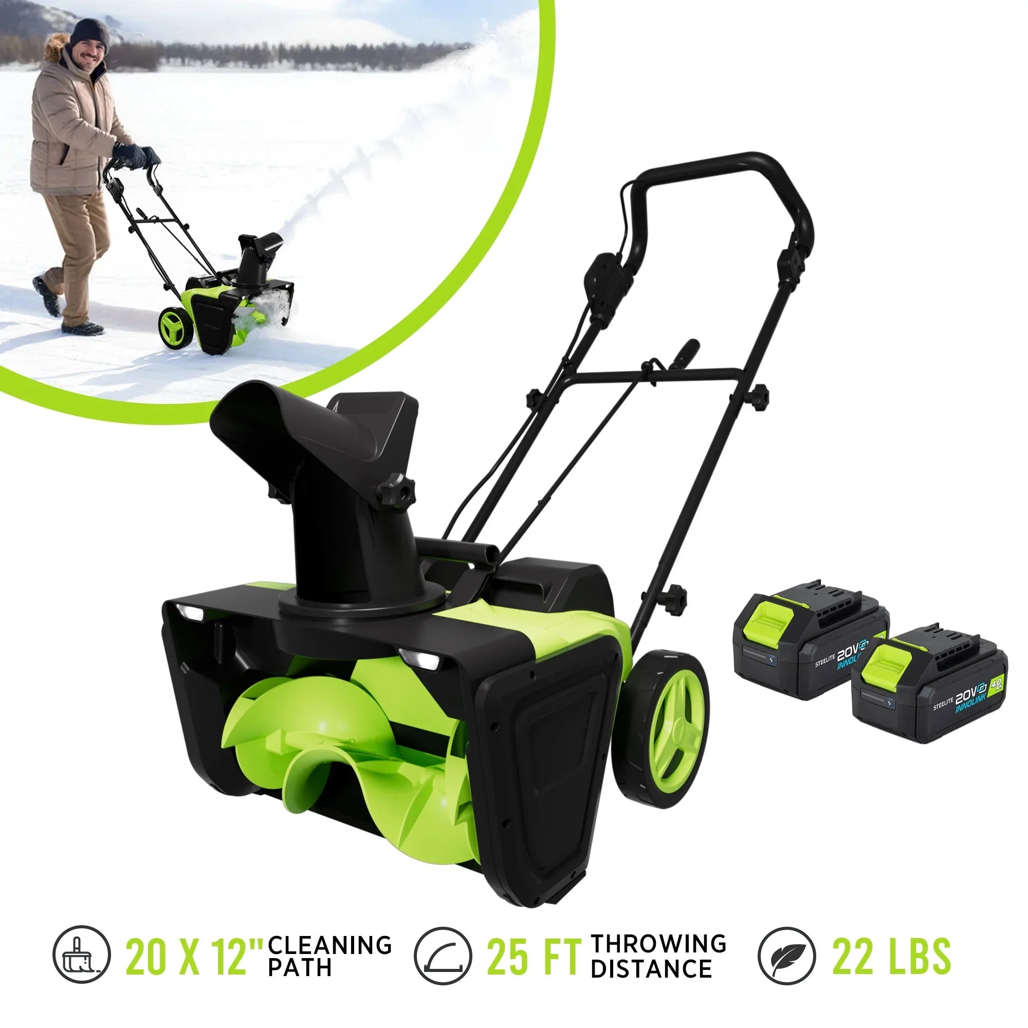 Steelite 2x21V Cordless Snow Blower,  20" Snow Thrower with Brushless Motor,850 lbs/Min Electric Snow Remove Machine with 2 x4.0 Ah Batteries & Charger